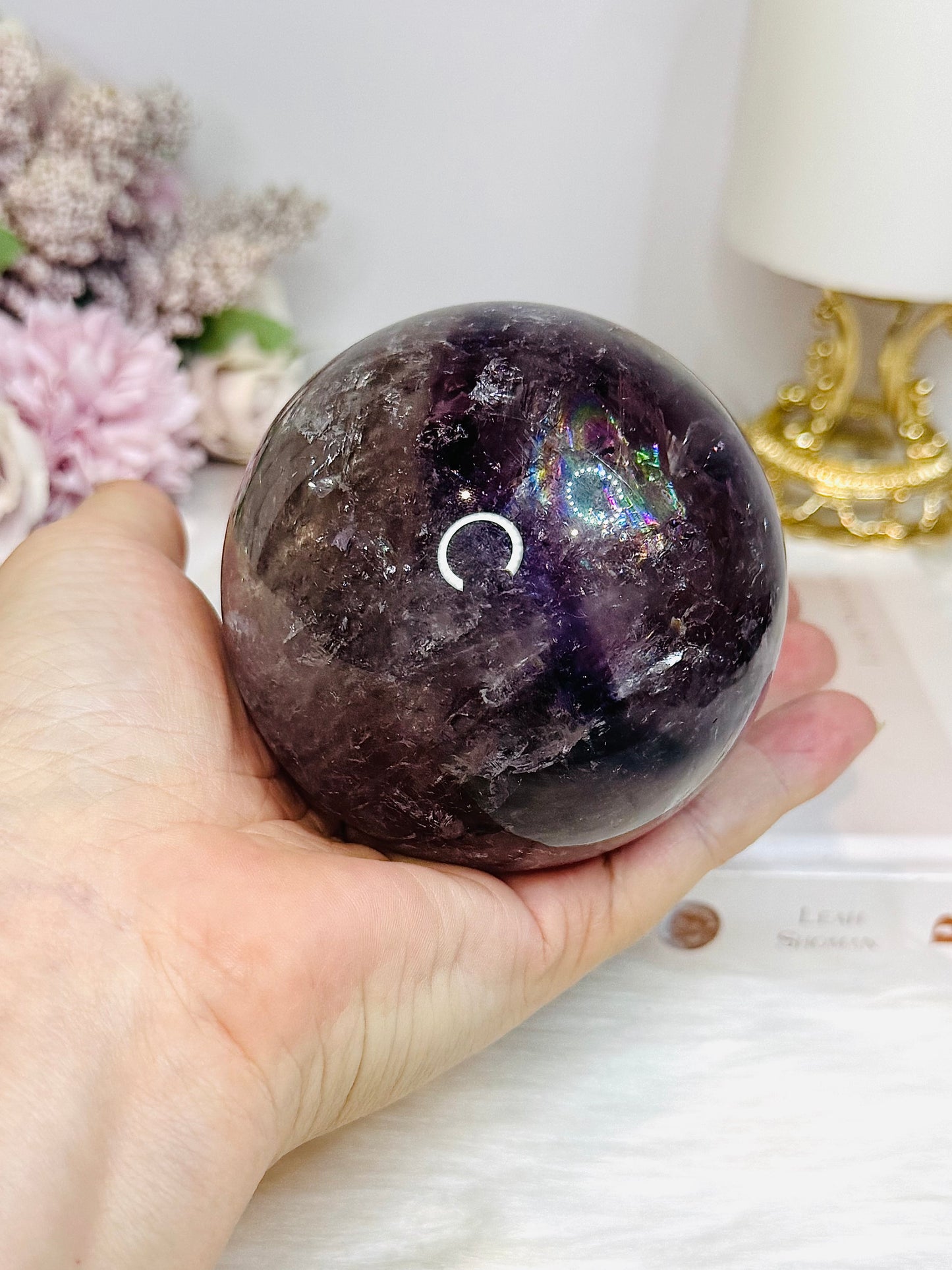 Large High Grade Phantom Amethyst Sphere with Rainbows On Stand 665g
