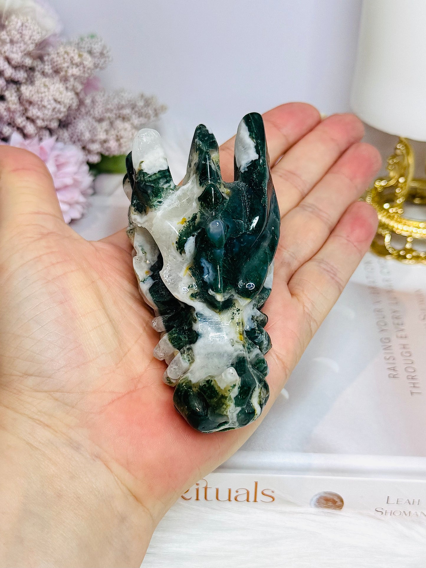 Moss Agate Carved Dragon Head 220g 9.5cm