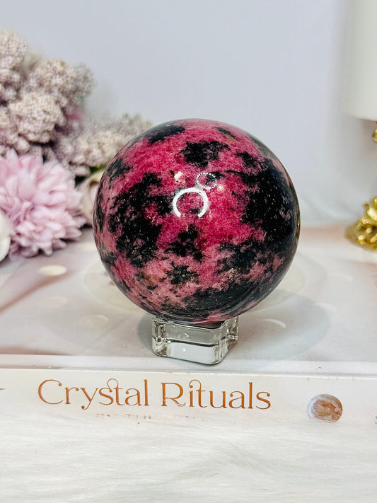 High Grade Large Rhodonite Sphere on Stand 578g