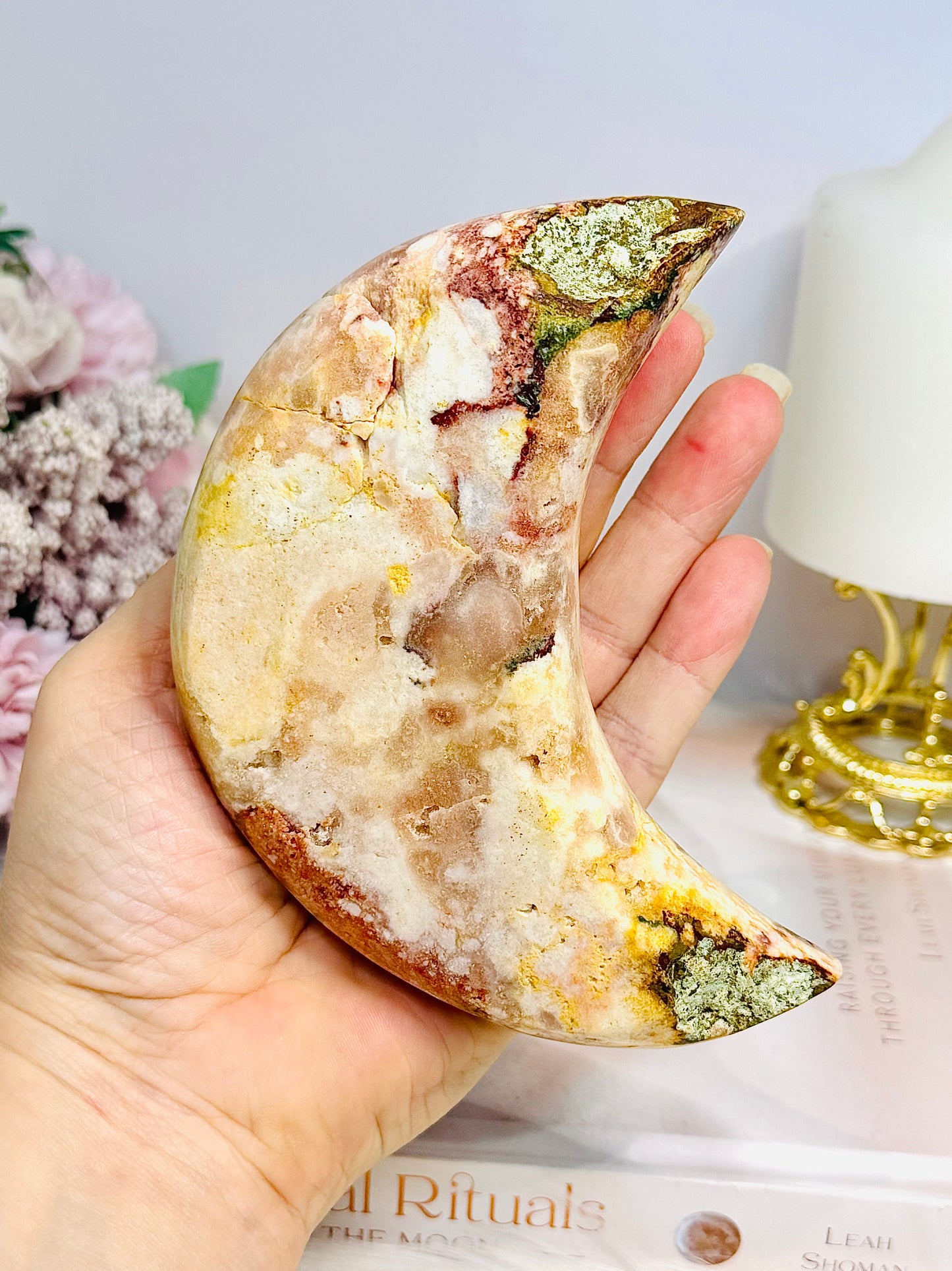 Large Chunky Pink Amethyst Carved Druzy Moon On Stand 12.5cm 471g