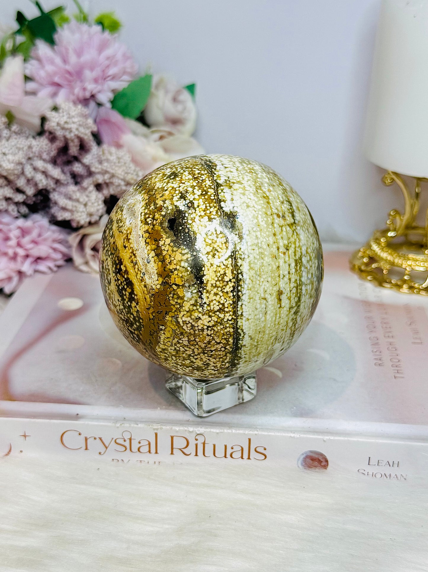 Large Orbicular Ocean Jasper Sphere On Stand 734g