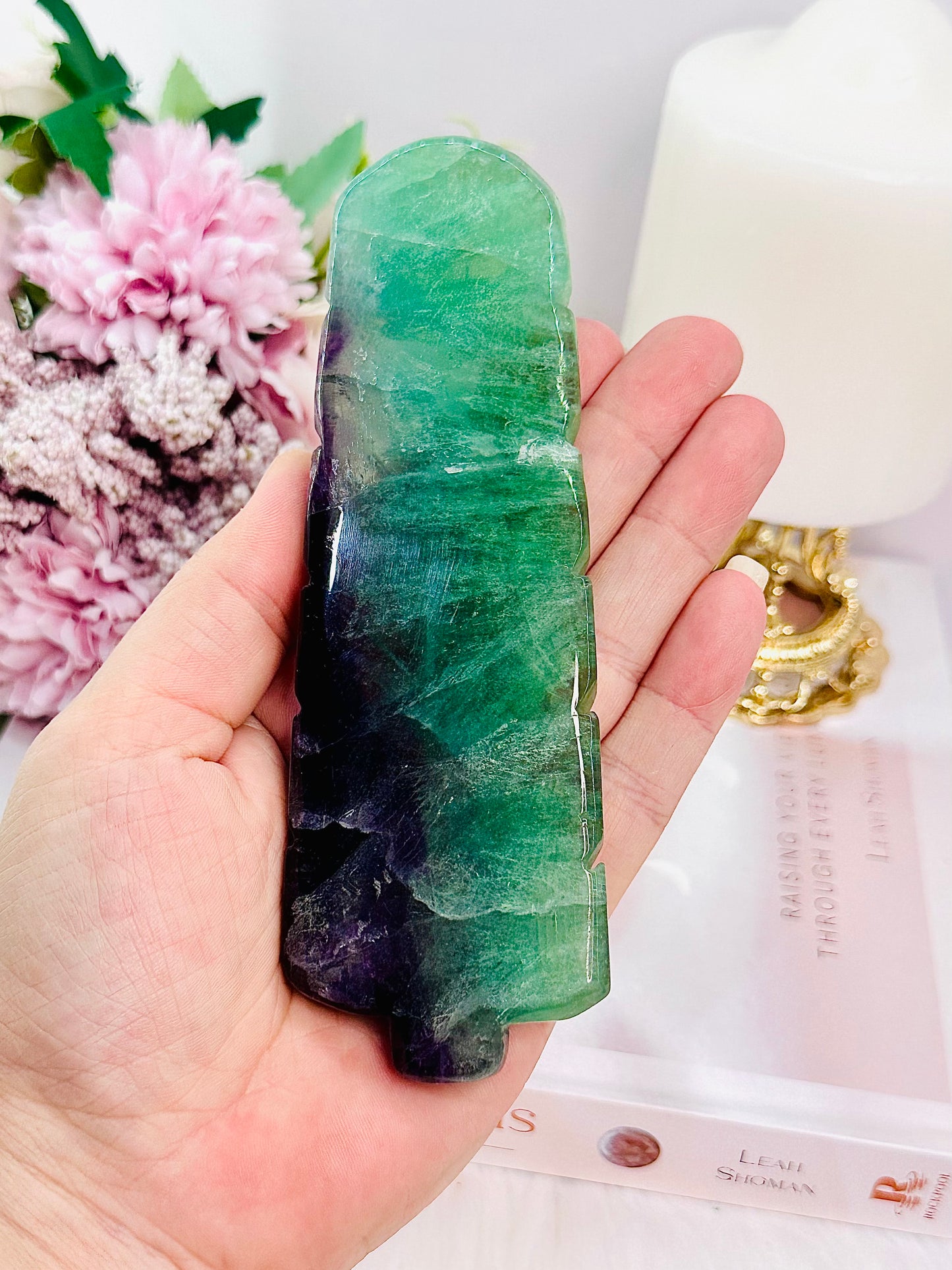 Beautiful Green Fluorite Carved Feather 14.5cm