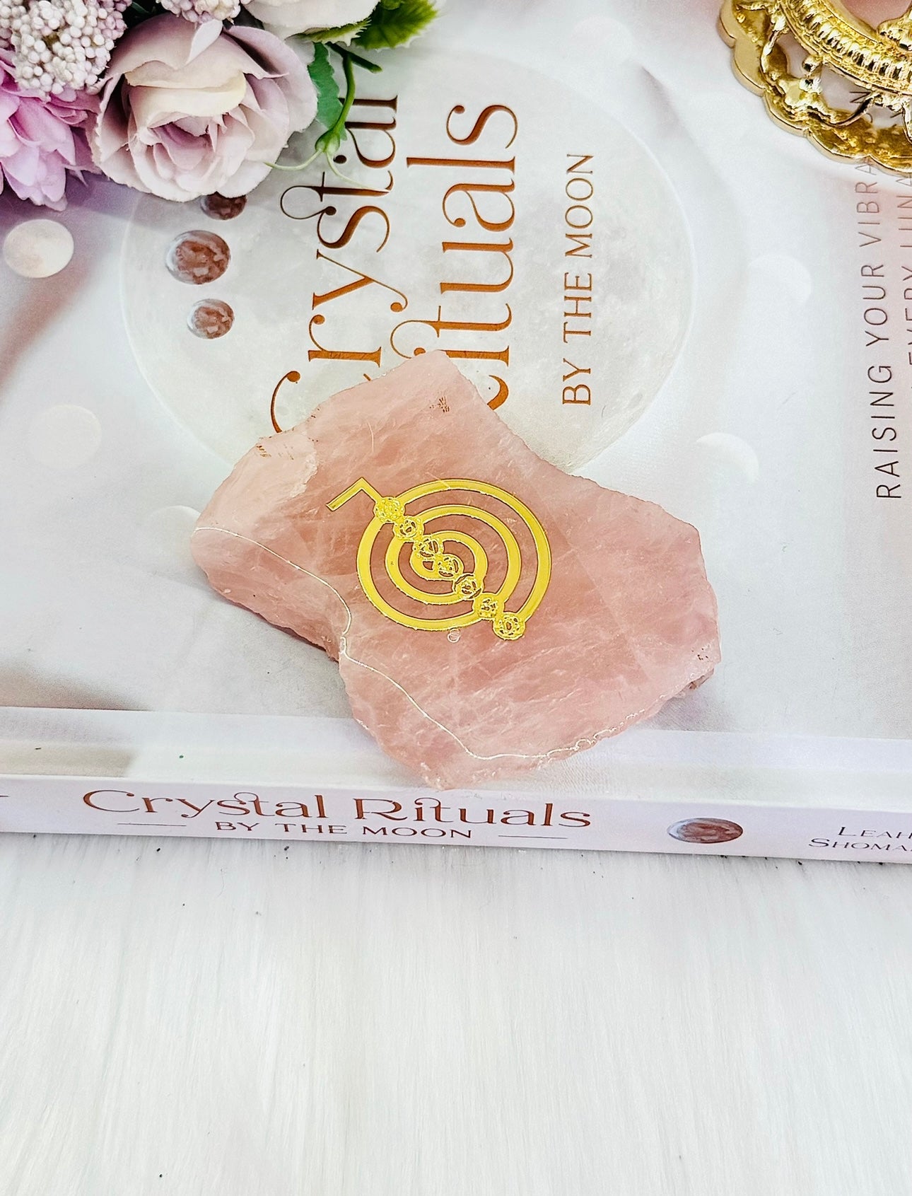 Natural Rose Quartz Slab with Gold Reike Symbol