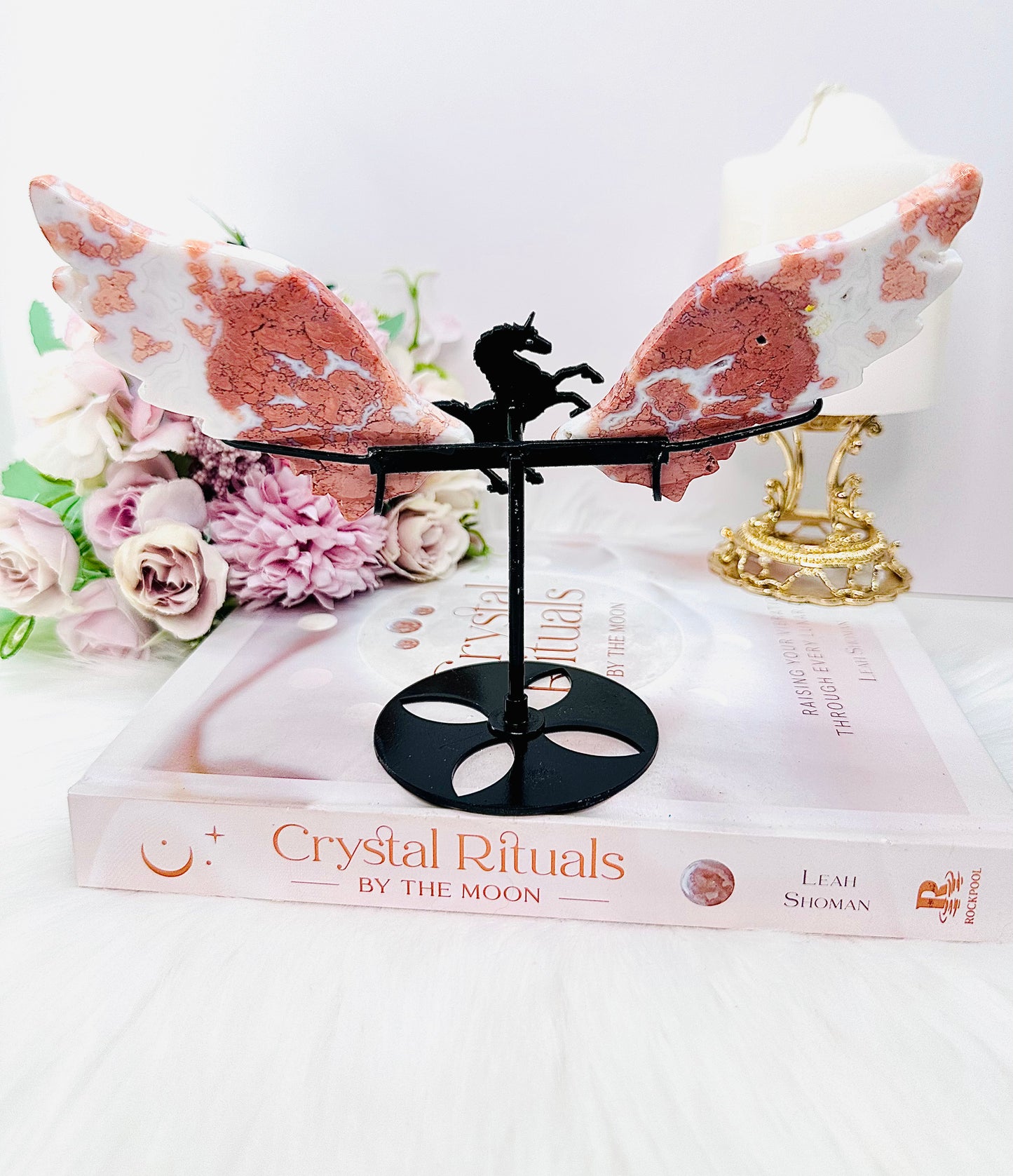 Stunning Pink Agate Druzy Carved Wings On Black Pegasus Stand 13.5cm
