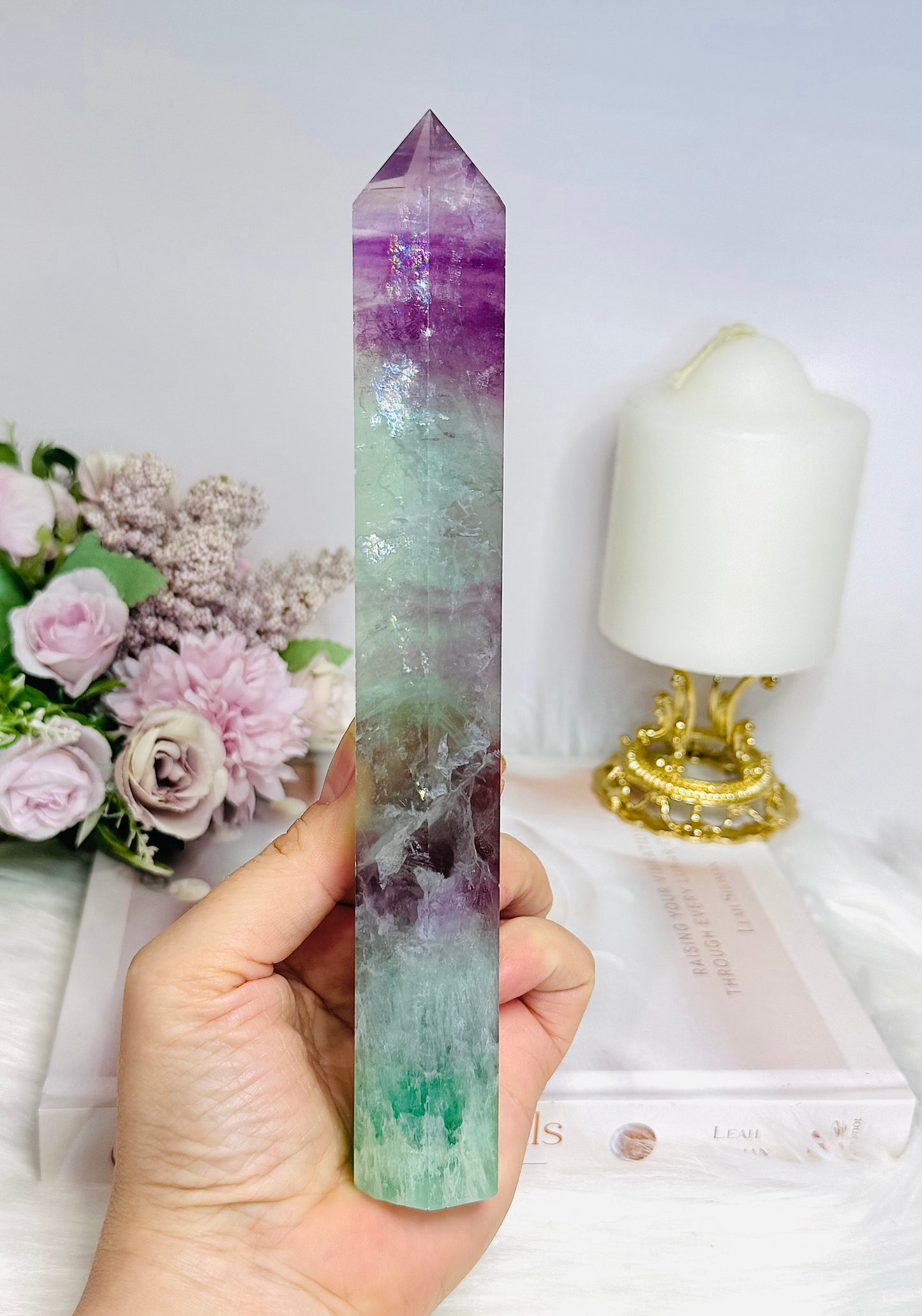 Tall Watermelon Fluorite Tower 20.5cm with Rainbows