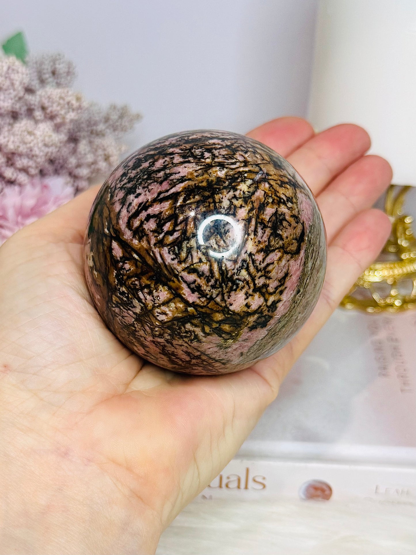 Large Rhodonite Sphere 561g On Stand