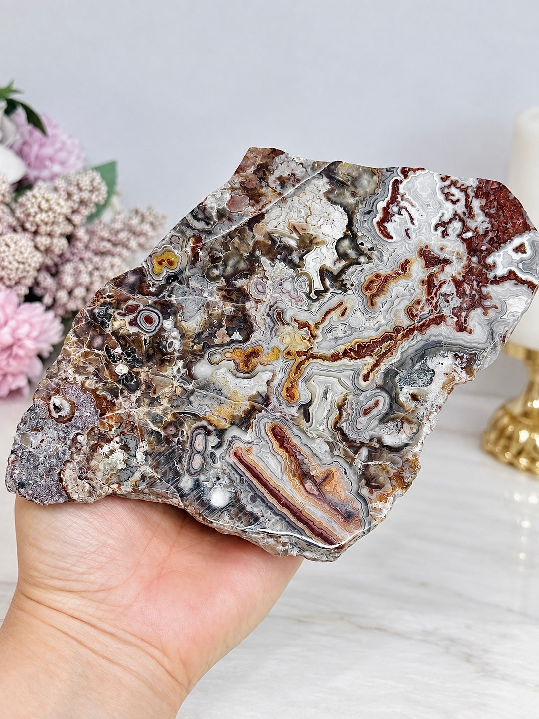 Large Mexican Lace Agate Slab 19cm on Stand