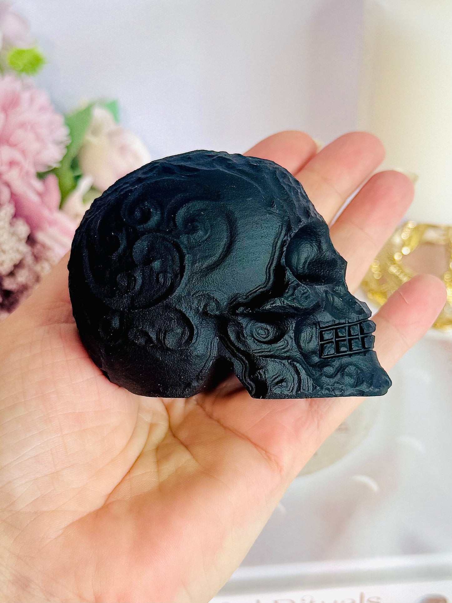 Beautifully Carved Black Tourmaline Skull with a Matt Finish 9cm