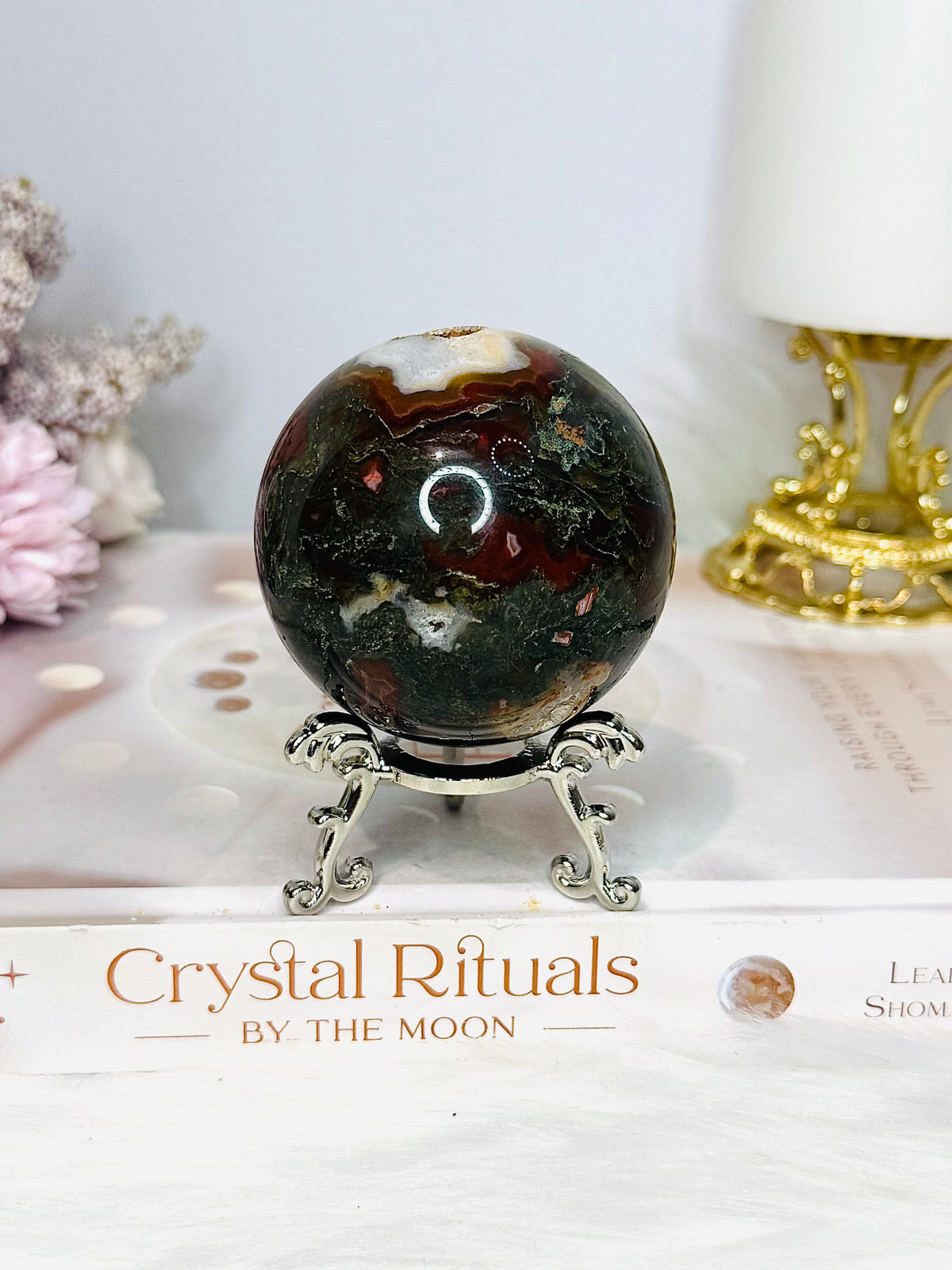 Druzy Red Moss Agate Sphere on Stand 303g