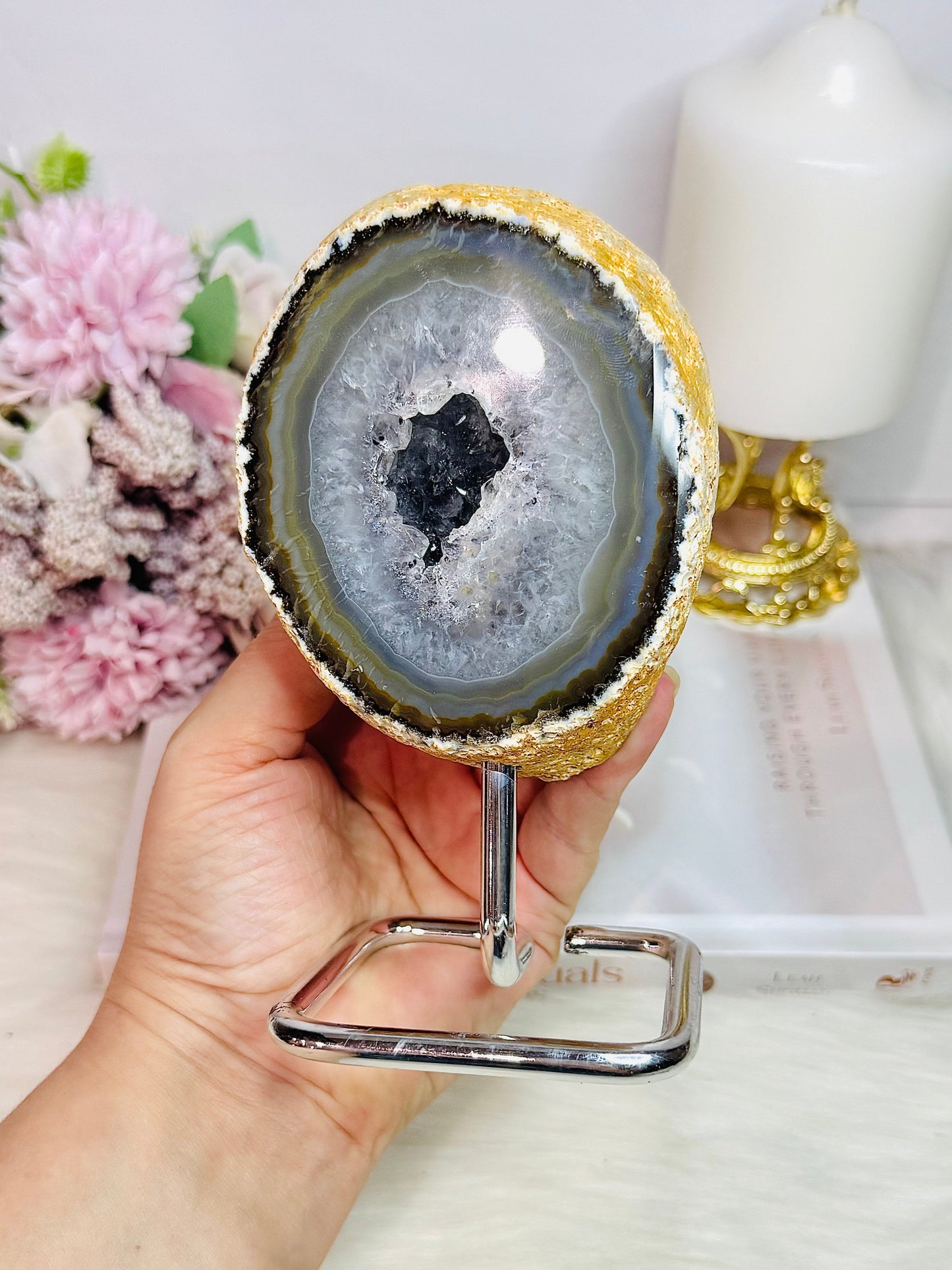 Natural Agate Geode On Silver Stand 14.5cm