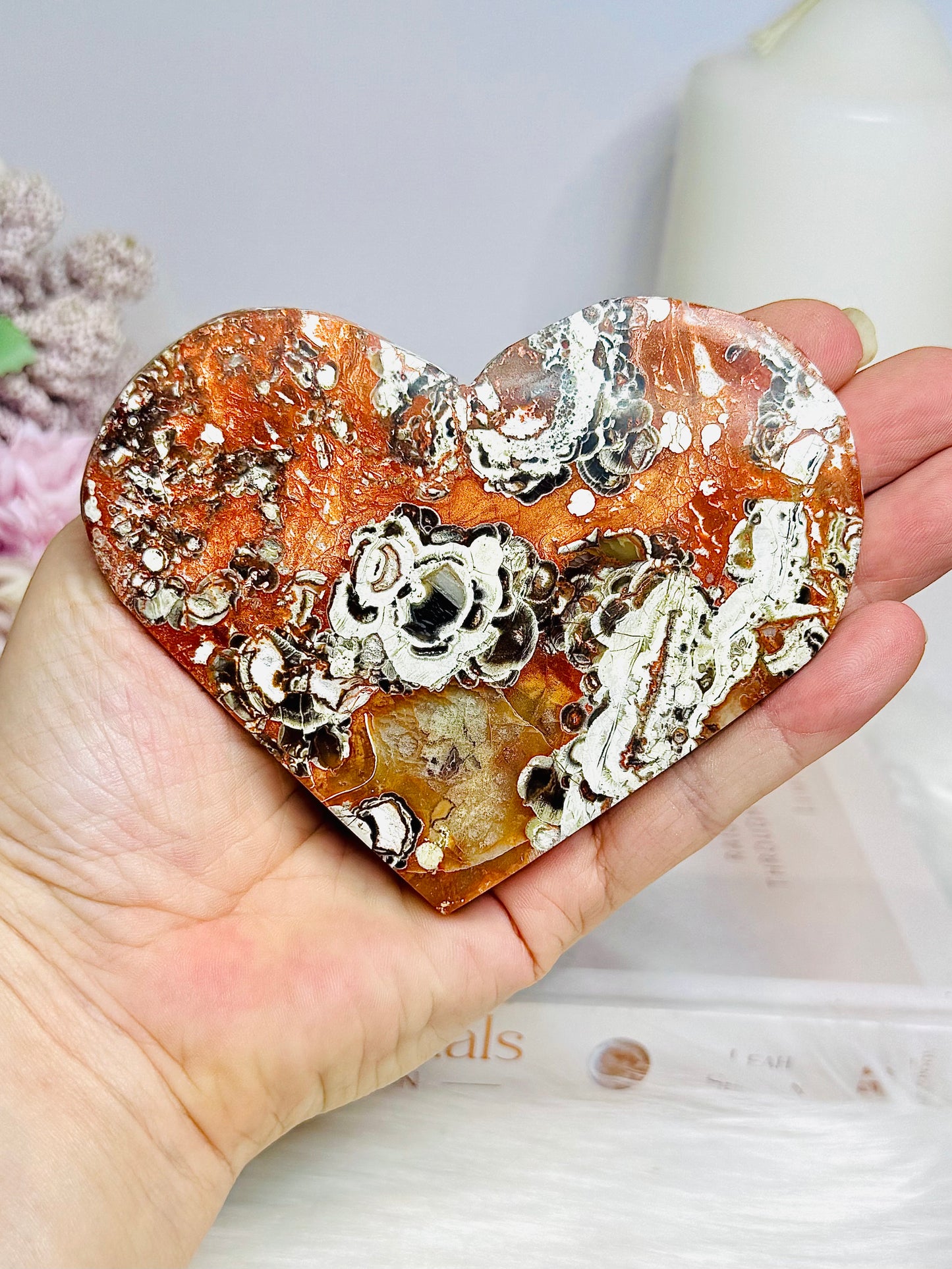 Large Money Agate Carved Heart On Stand 10.5cm