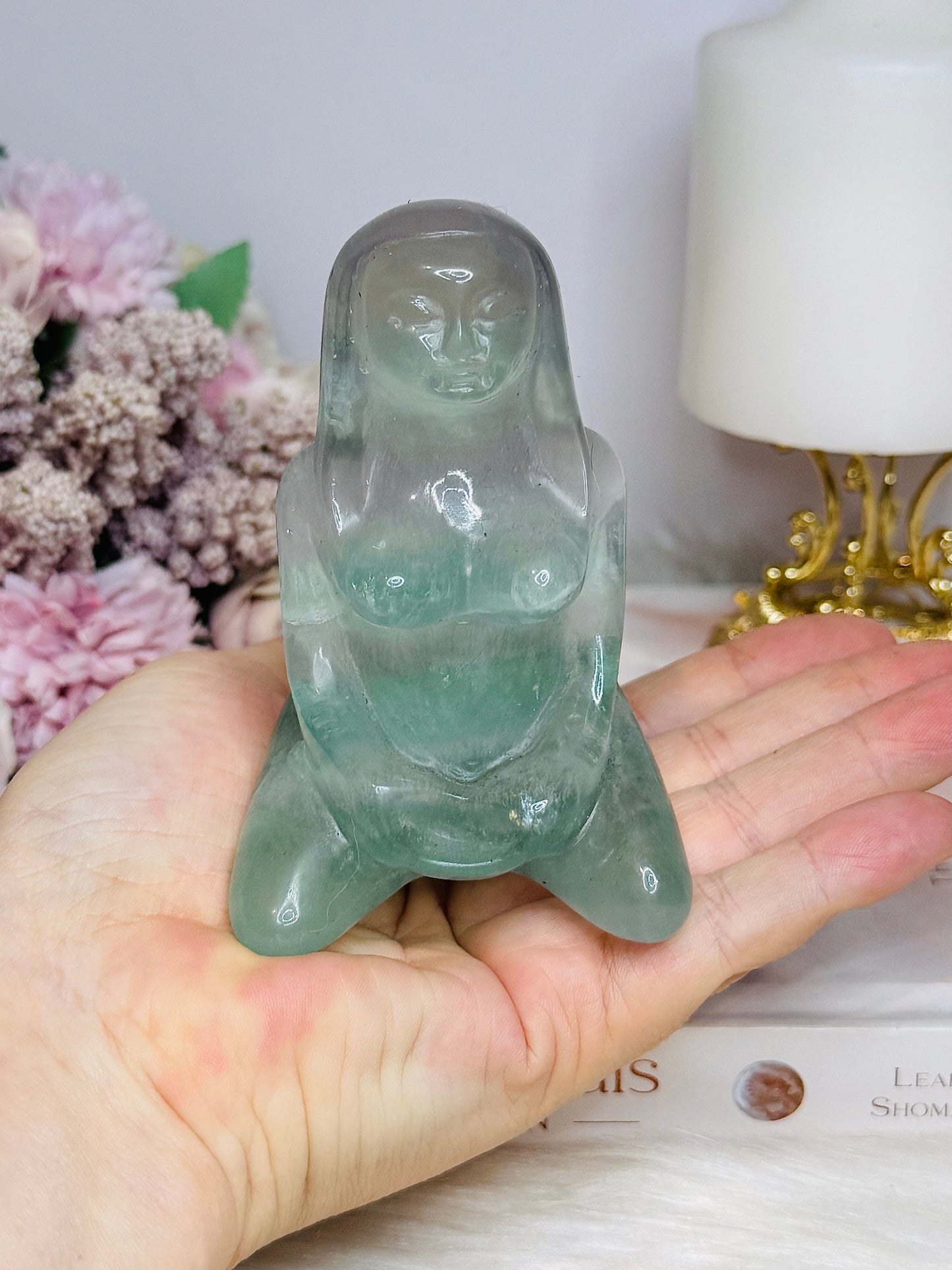 Large Mother Earth Fluorite Carving (chip on back foot) 10cm 396g