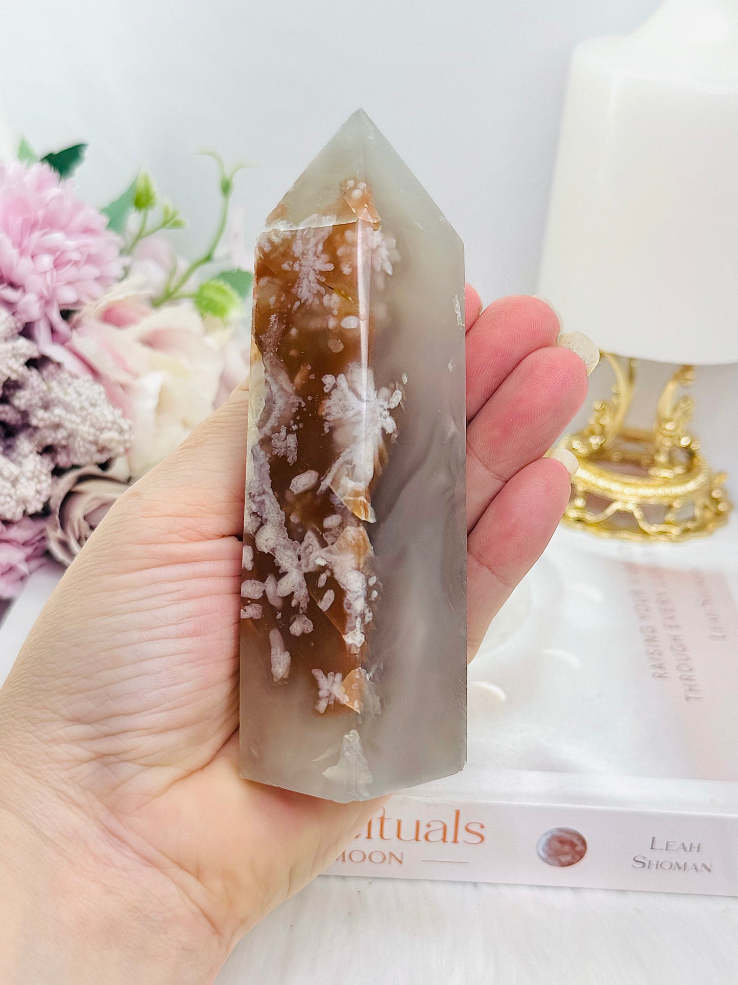 Flower Agate Tower 12cm Square Cut