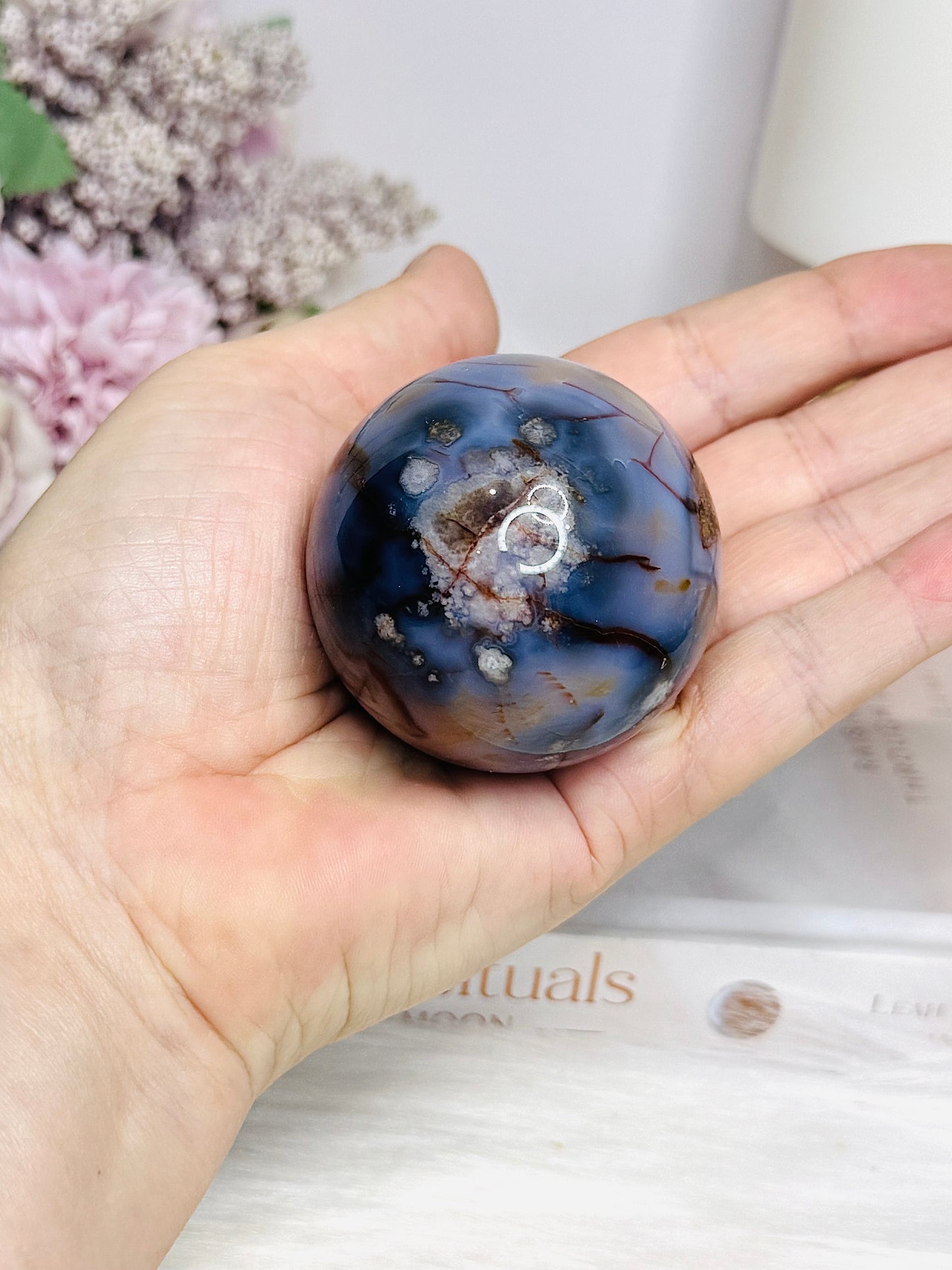 Blue Flower Agate Sphere on Stand 172g
