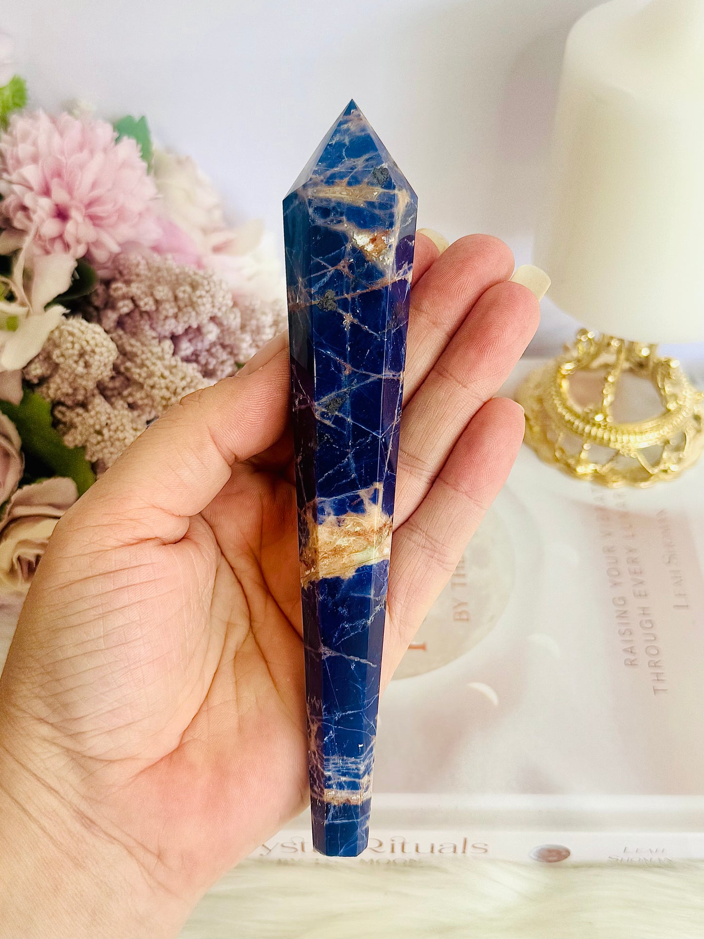 Sodalite Carved Wand | Tower on Stand 17cm