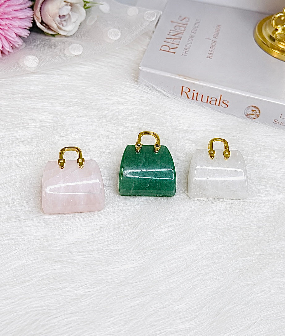 Set of 3 Carved Handbags ~ Rose Quartz, Clear Quartz & Aventurine