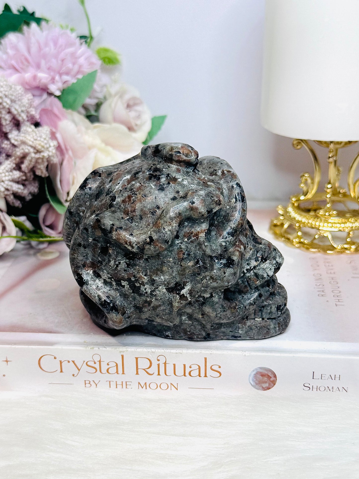 Large Yooperlite Carved Skull with Snake (UV Reactive) 617g