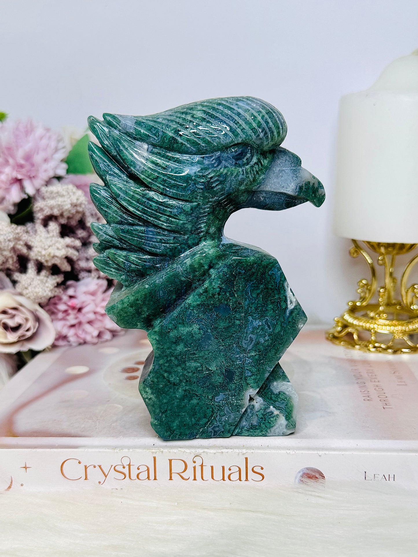 Large Perfectly Carved Moss Agate Eagle 633g 13cm