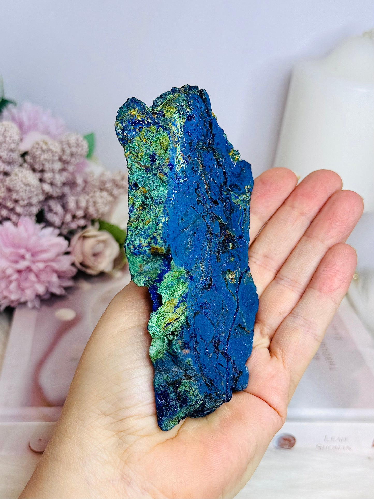 High Grade Azurite Slab with Malachite Inclusions on Stand 12cm