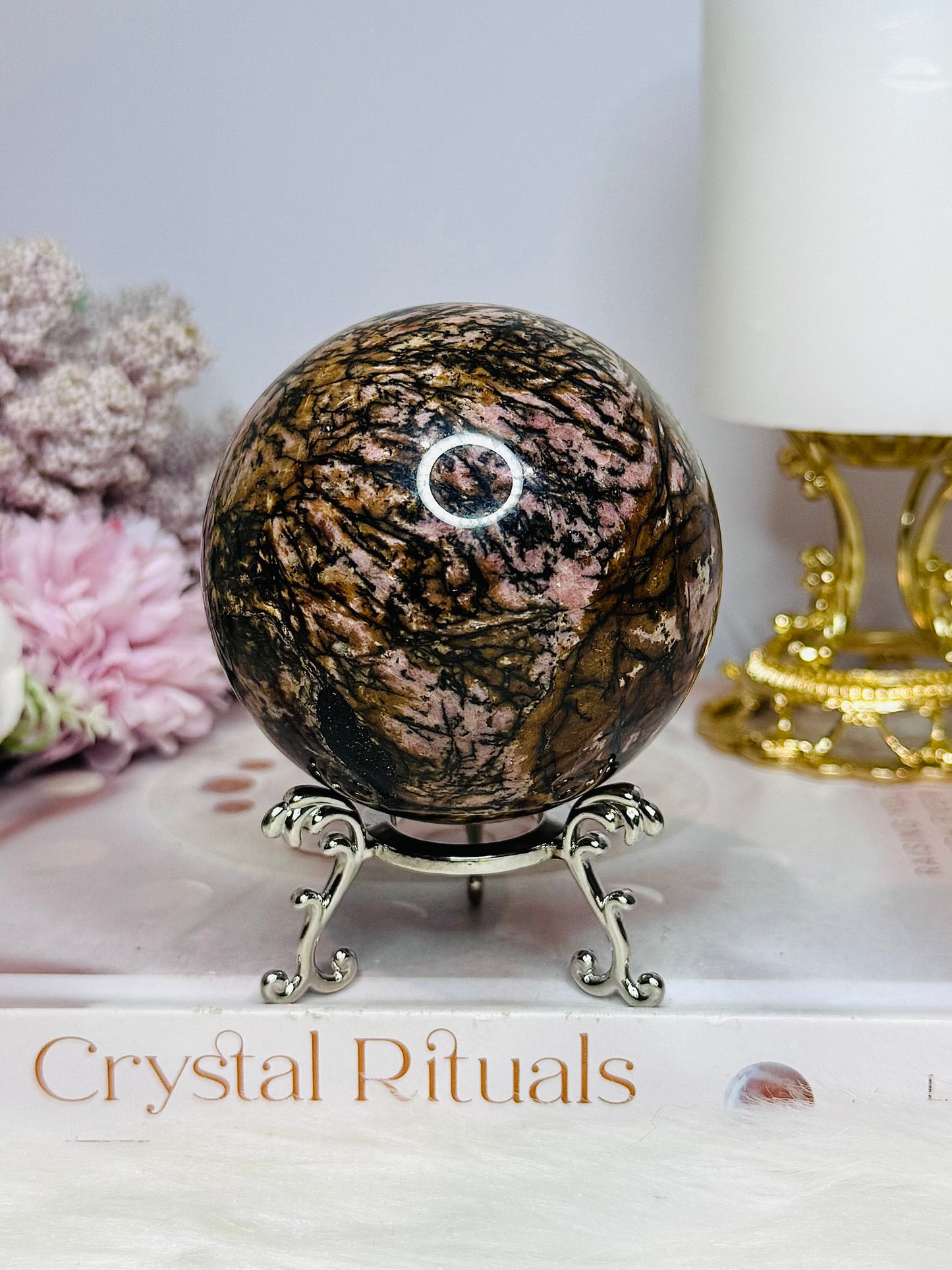 Large Rhodonite Sphere 561g On Stand