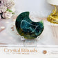 Chunky Moss Agate Carved Moon On Stand 7cm