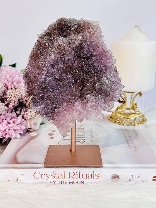 Exquisite & Fabulous 17cm High Grade Purple Flower Amethyst | Zeolite Natural Slab On Rose Gold Stand From Brazil