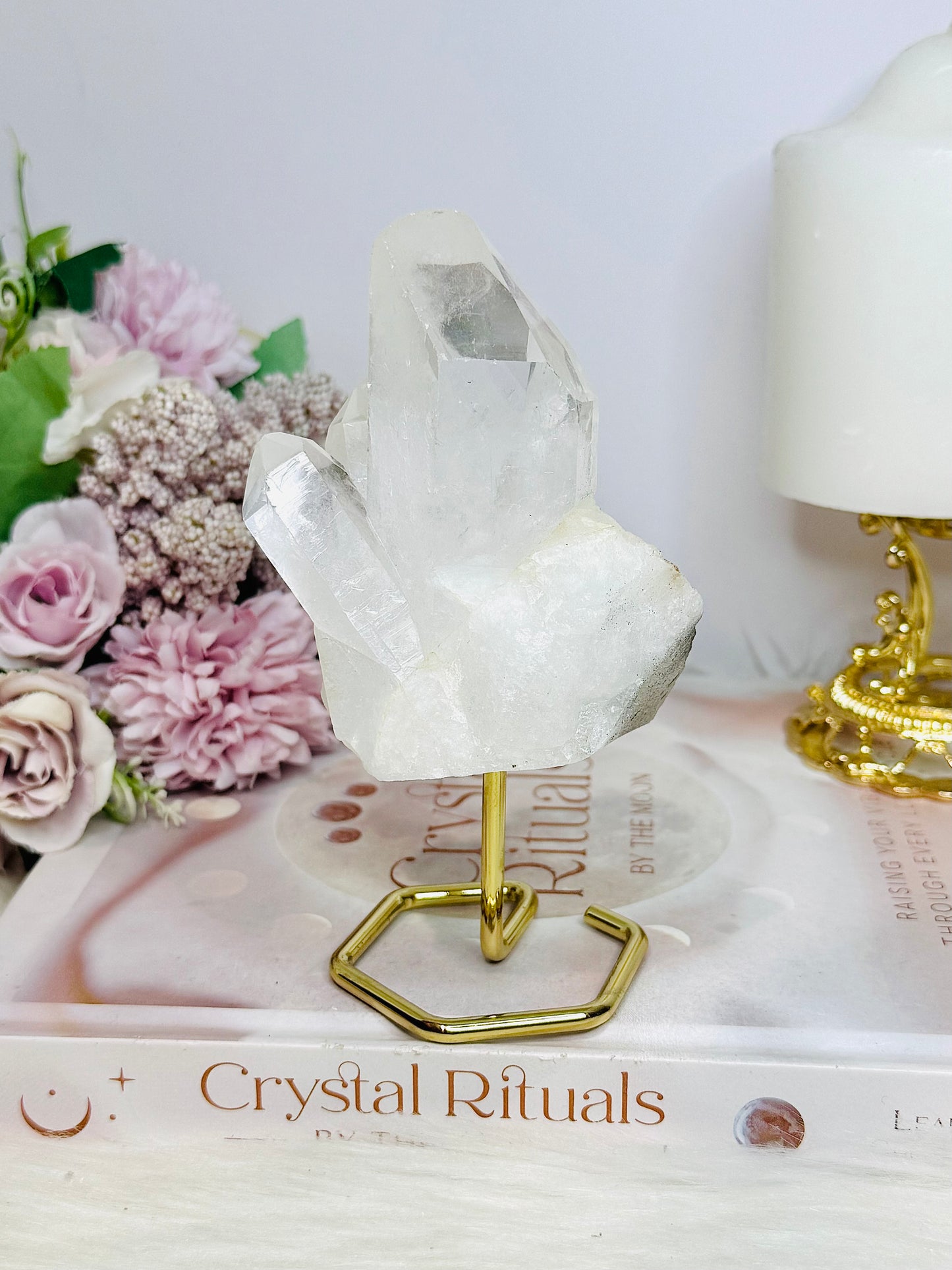Clear Quartz Cluster on Gold Stand 13.5cm