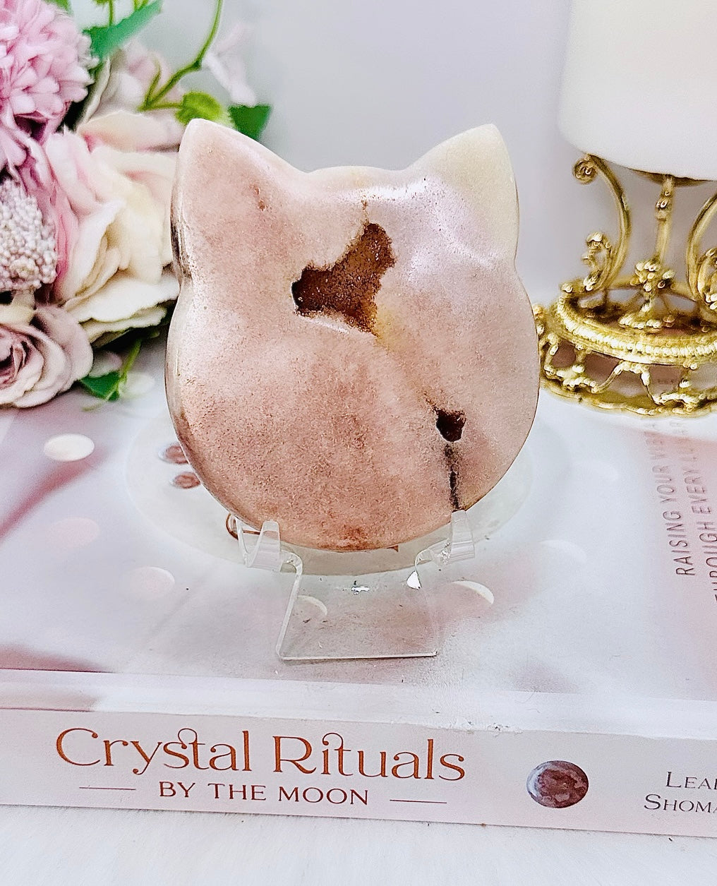 Gorgeous Pink Amethyst Chunky Cat Head Carving 9cm On Stand