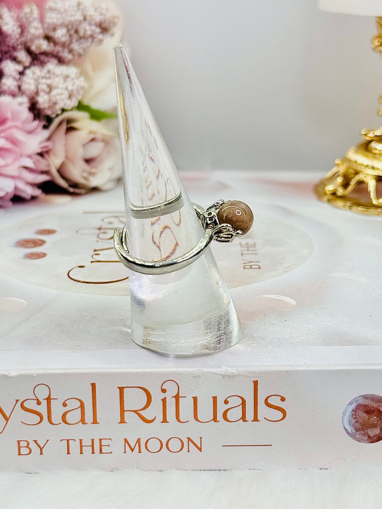 Peach Moonstone Adjustable Ring In Gift Bag