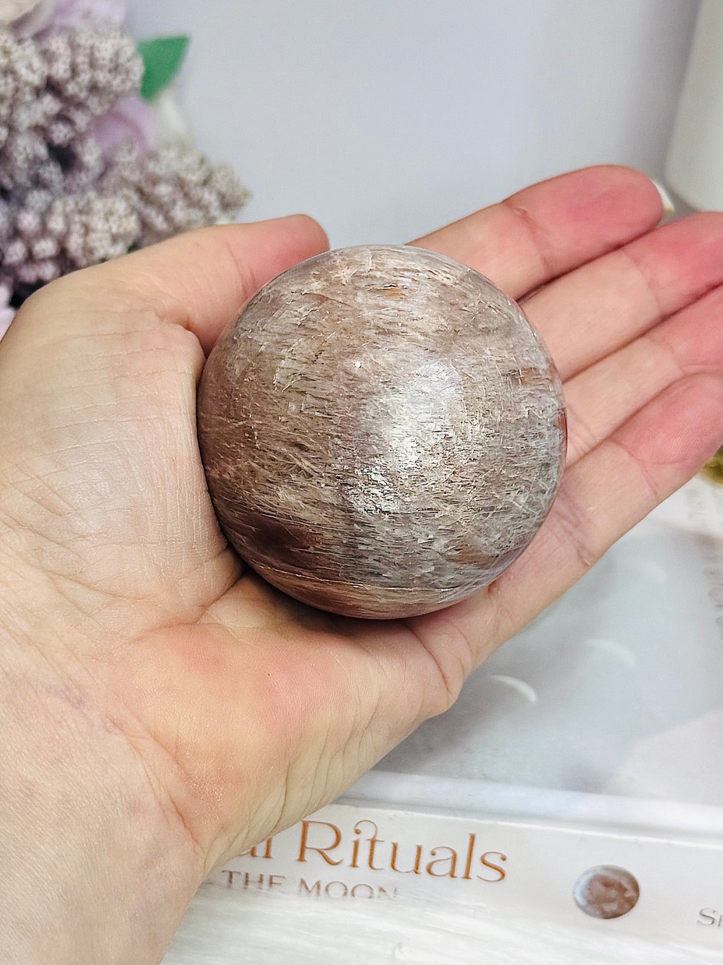High Grade Moonstone X Sunstone Sphere On Stand 253g