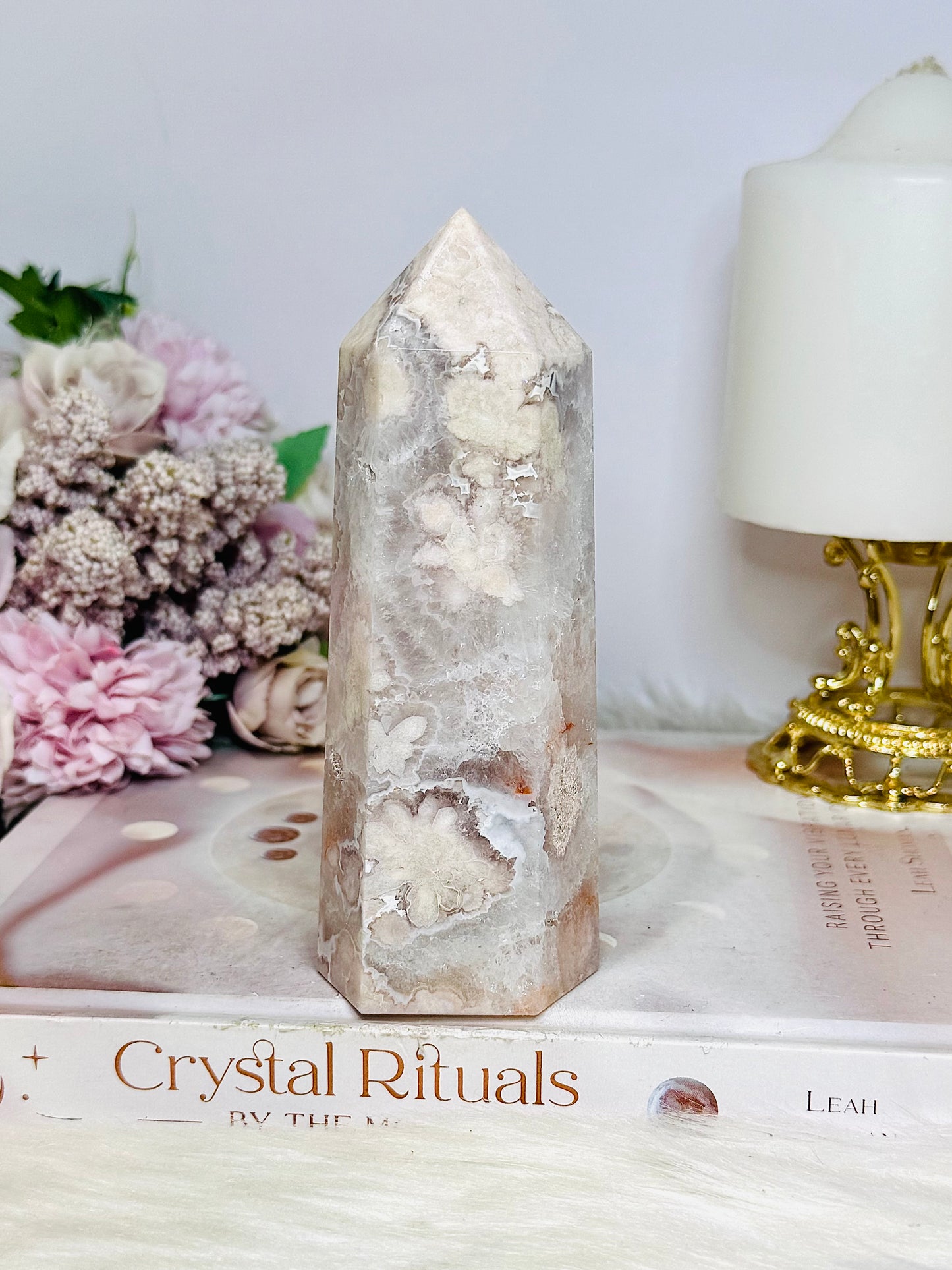 High Grade Flower Agate Druzy Tower 13cm