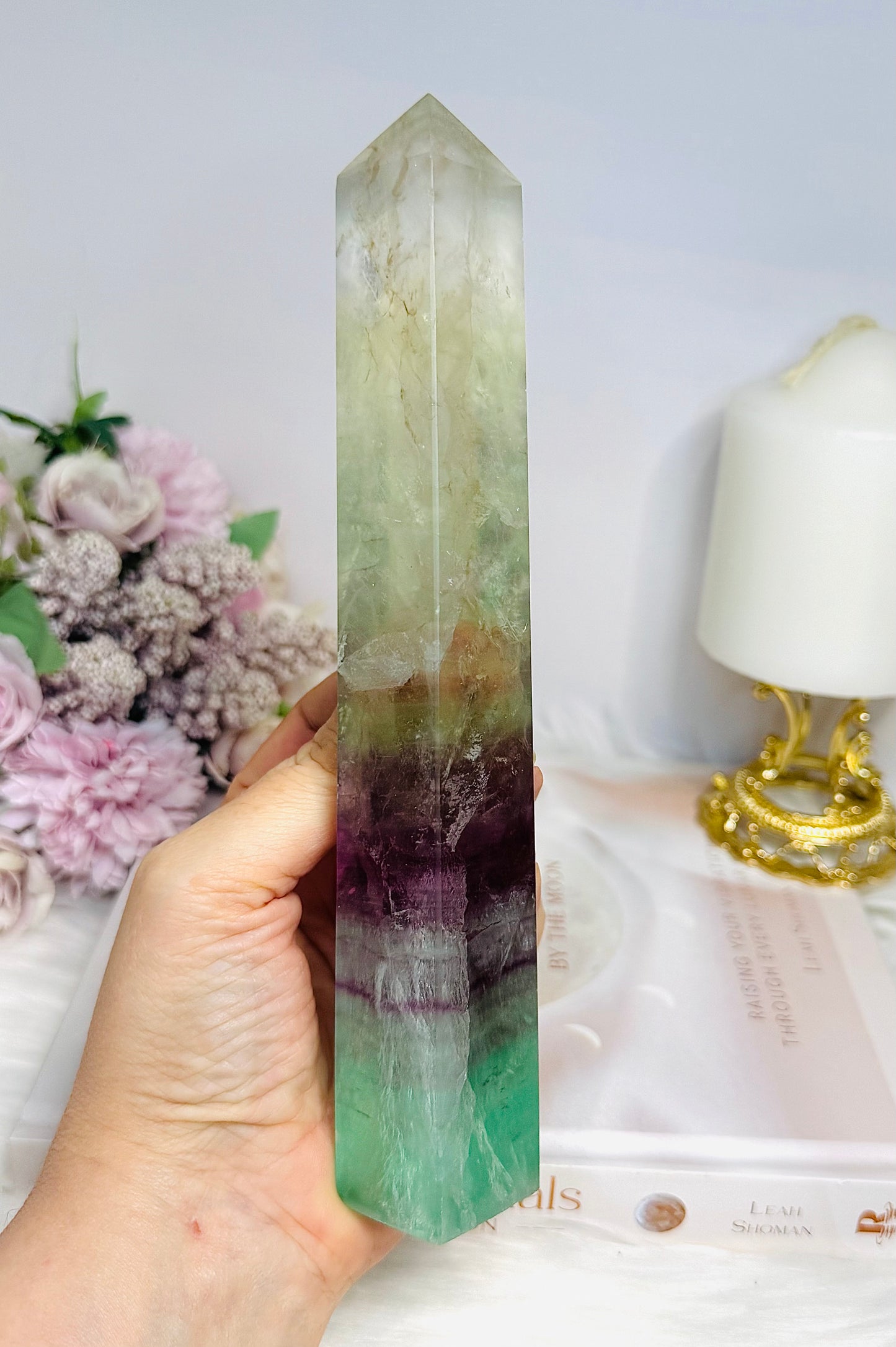 Tall Watermelon Fluorite Tower 21cm with Rainbows