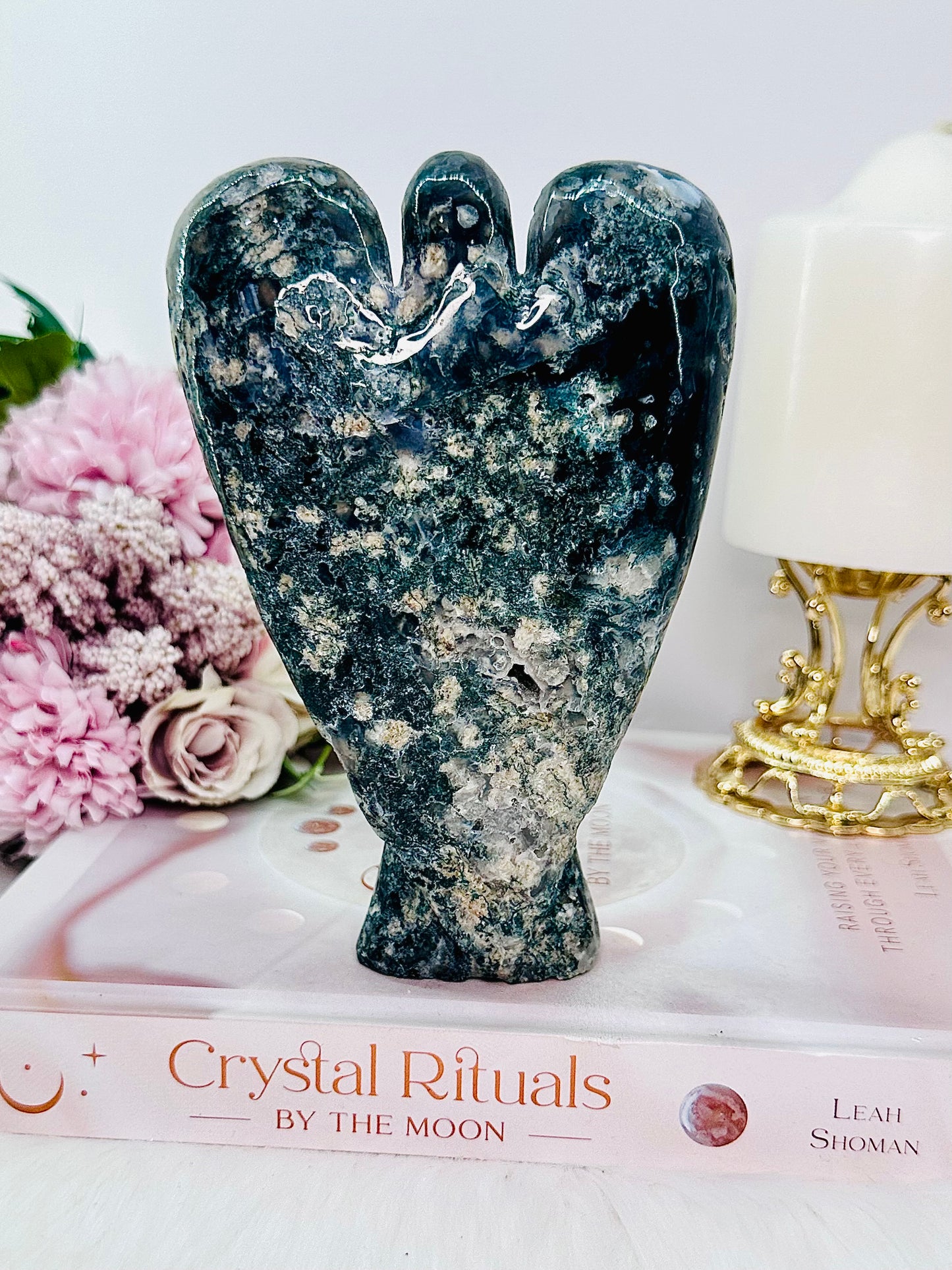 Peace & Tranquility ~ Divinely Stunning Large 15cm Chunky Druzy Moss Agate Angel Carving