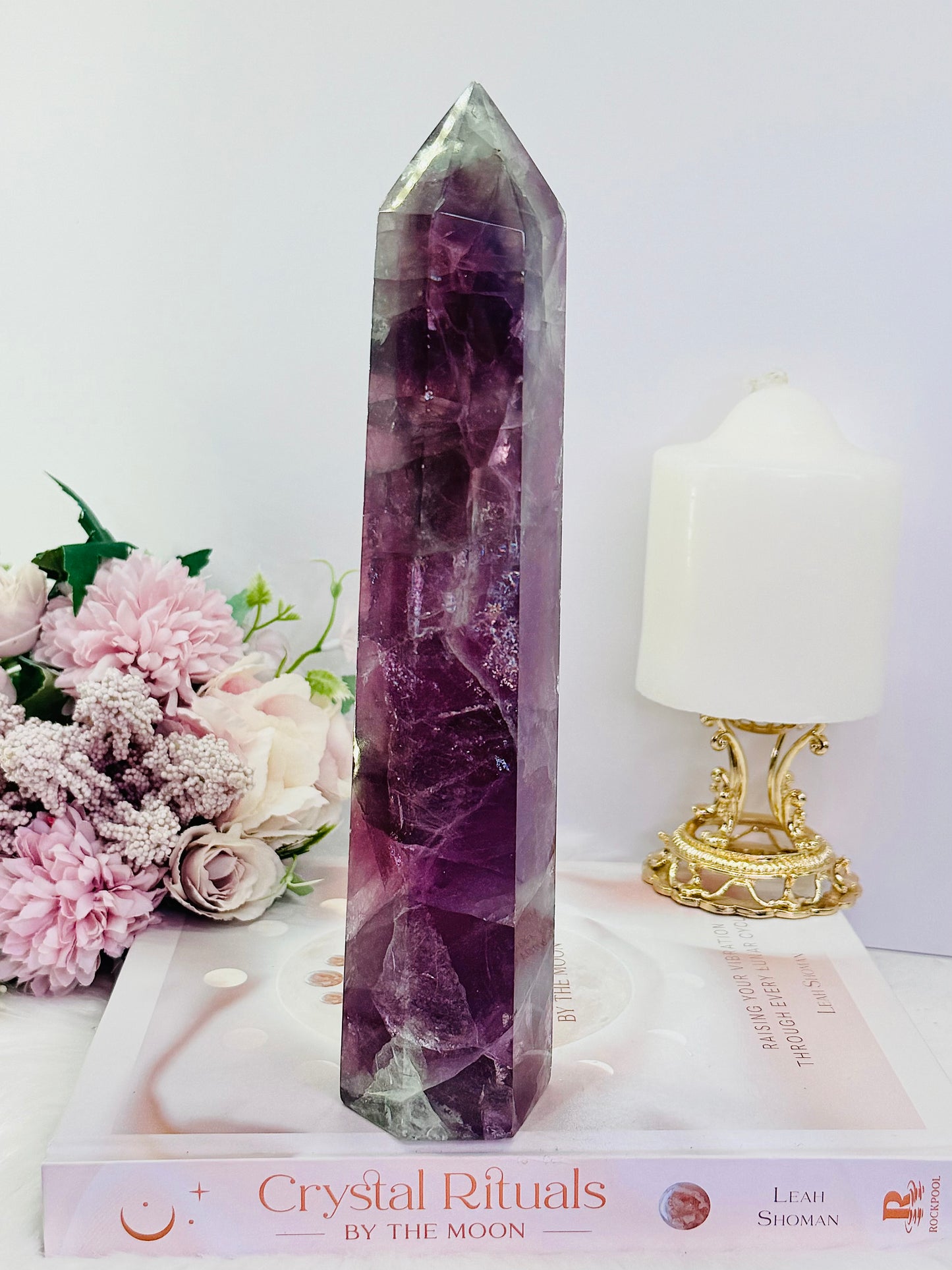 Fabulous Tall 23.5cm 968gram Purple Fluorite Tower with Rainbows