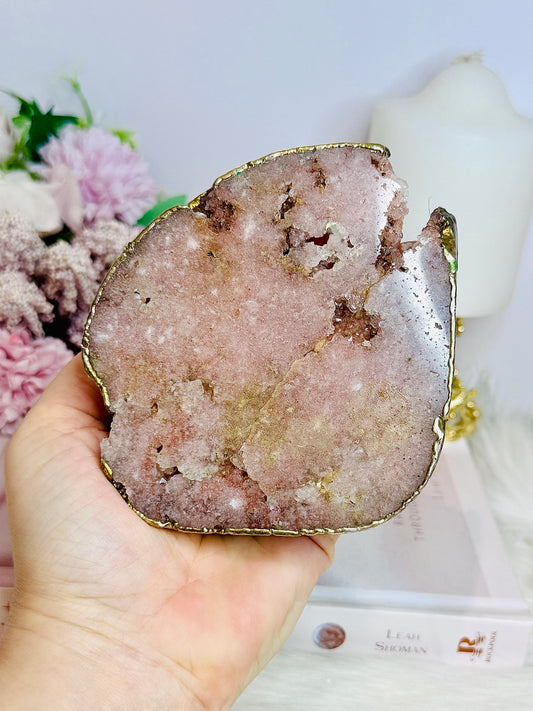 Large Pink Amethyst Druzy Chunky Coaster with Gold Plating 285g