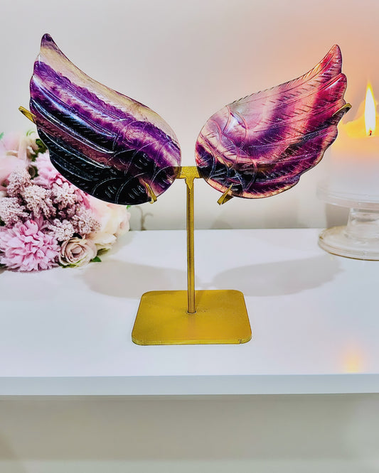 Classy & Fabulous Purple Fluorite Wings on Gold Stand 20cm Tall (Inc Stand) Absolutely Stunning