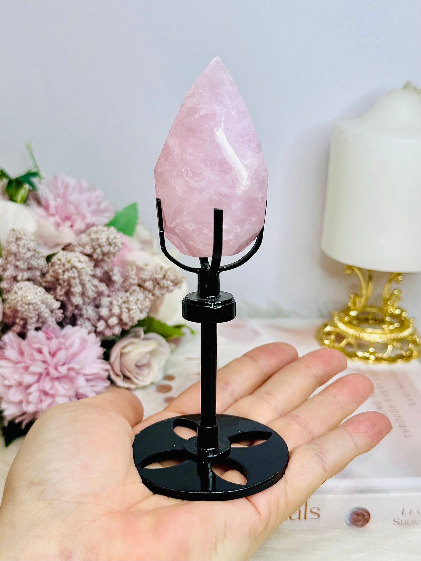 High Grade Rose Quartz Carved Diamond on Stand 14cm