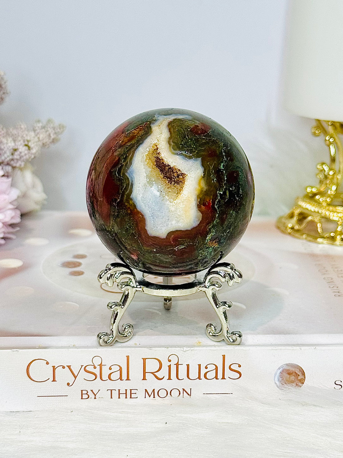 Druzy Red Moss Agate Sphere on Stand 303g