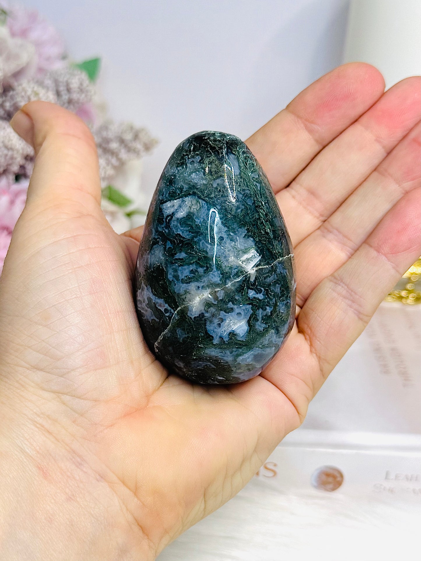 Moss Agate Druzy Egg On Stand 7cm