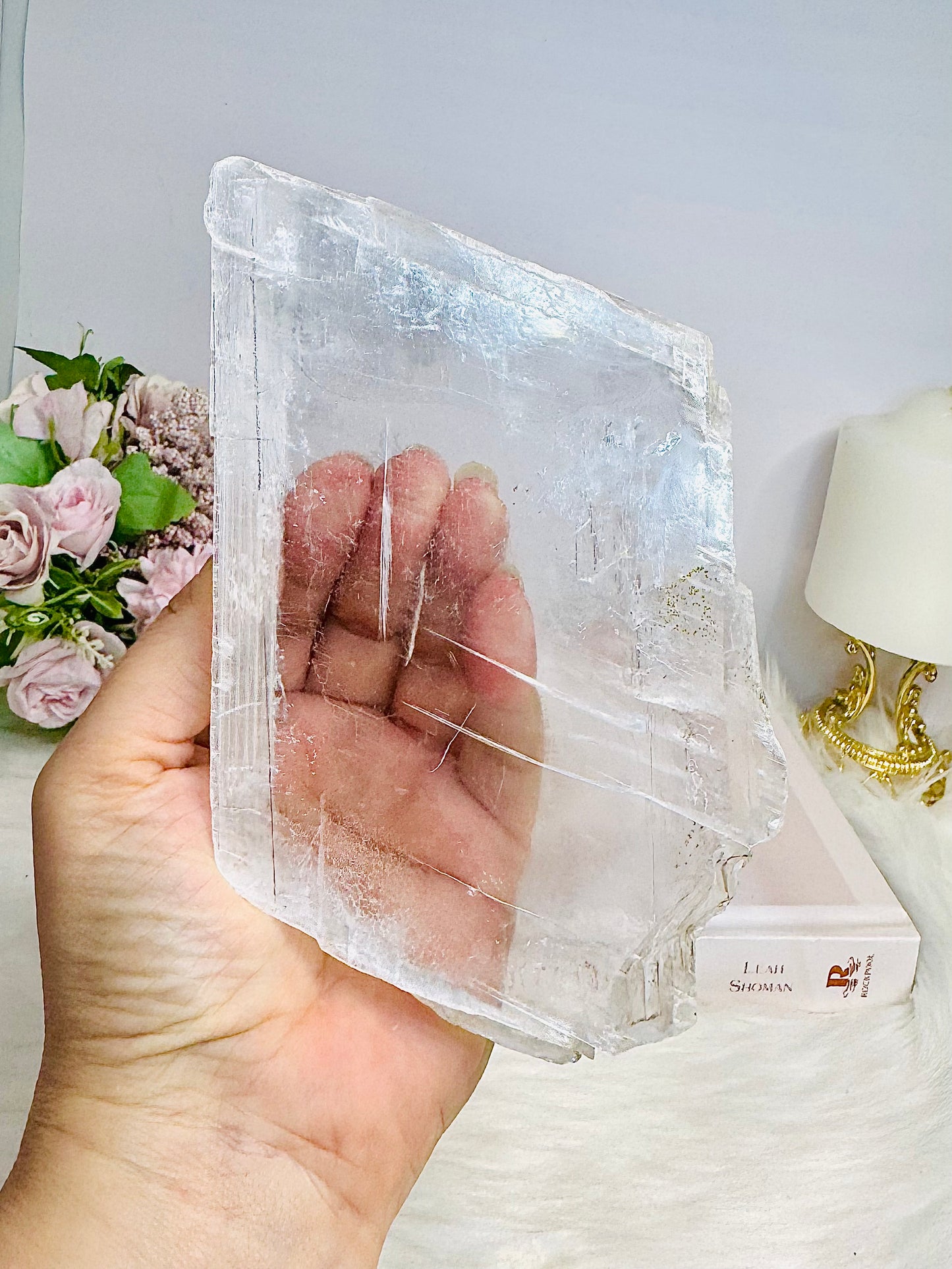 Natural Large Selenite Slab on Timber Stand 19.5cm 701g