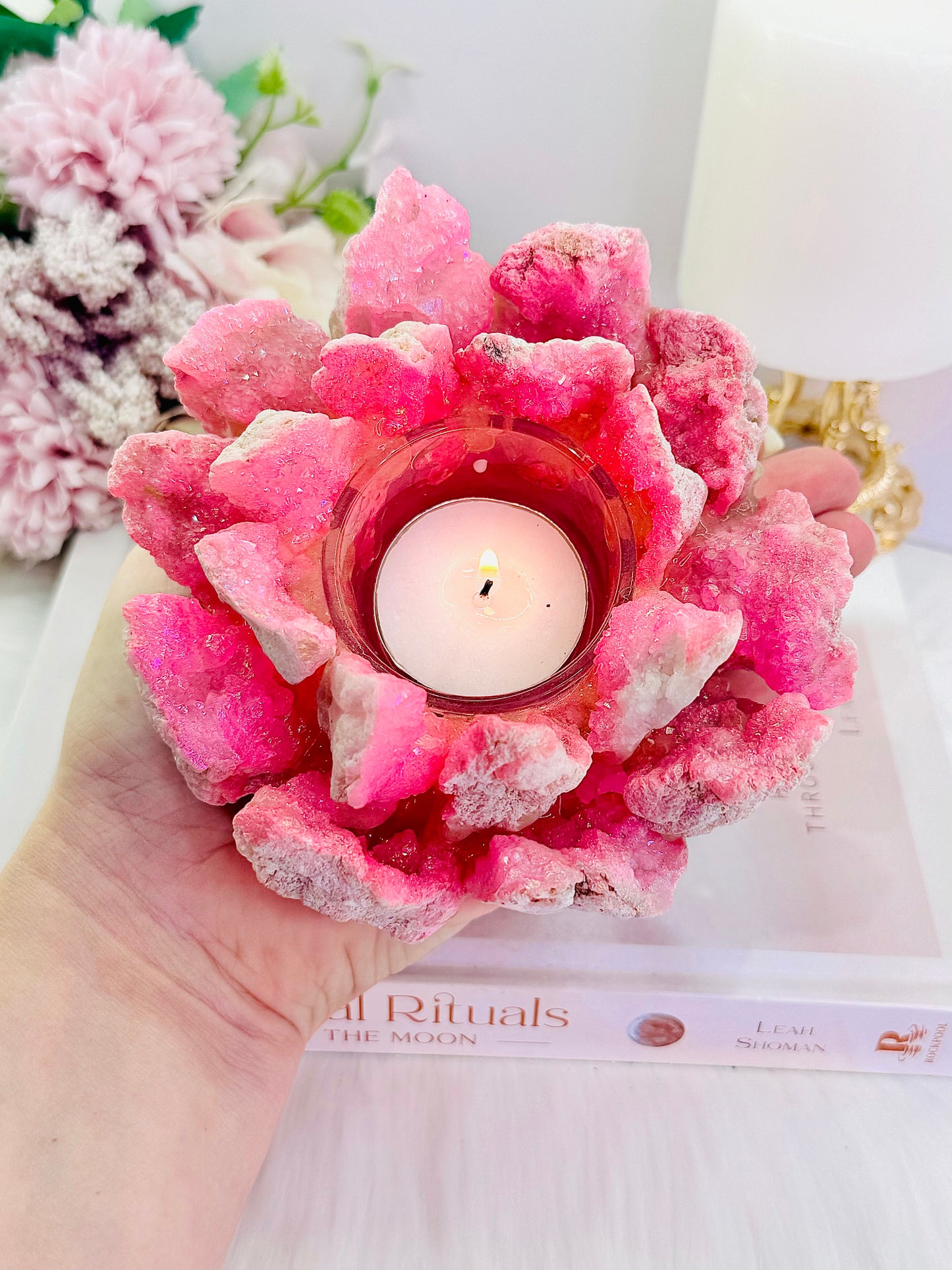 Gorgeous Large 719gram Bright Punk Pink (dyed) Quartz Candle Holder