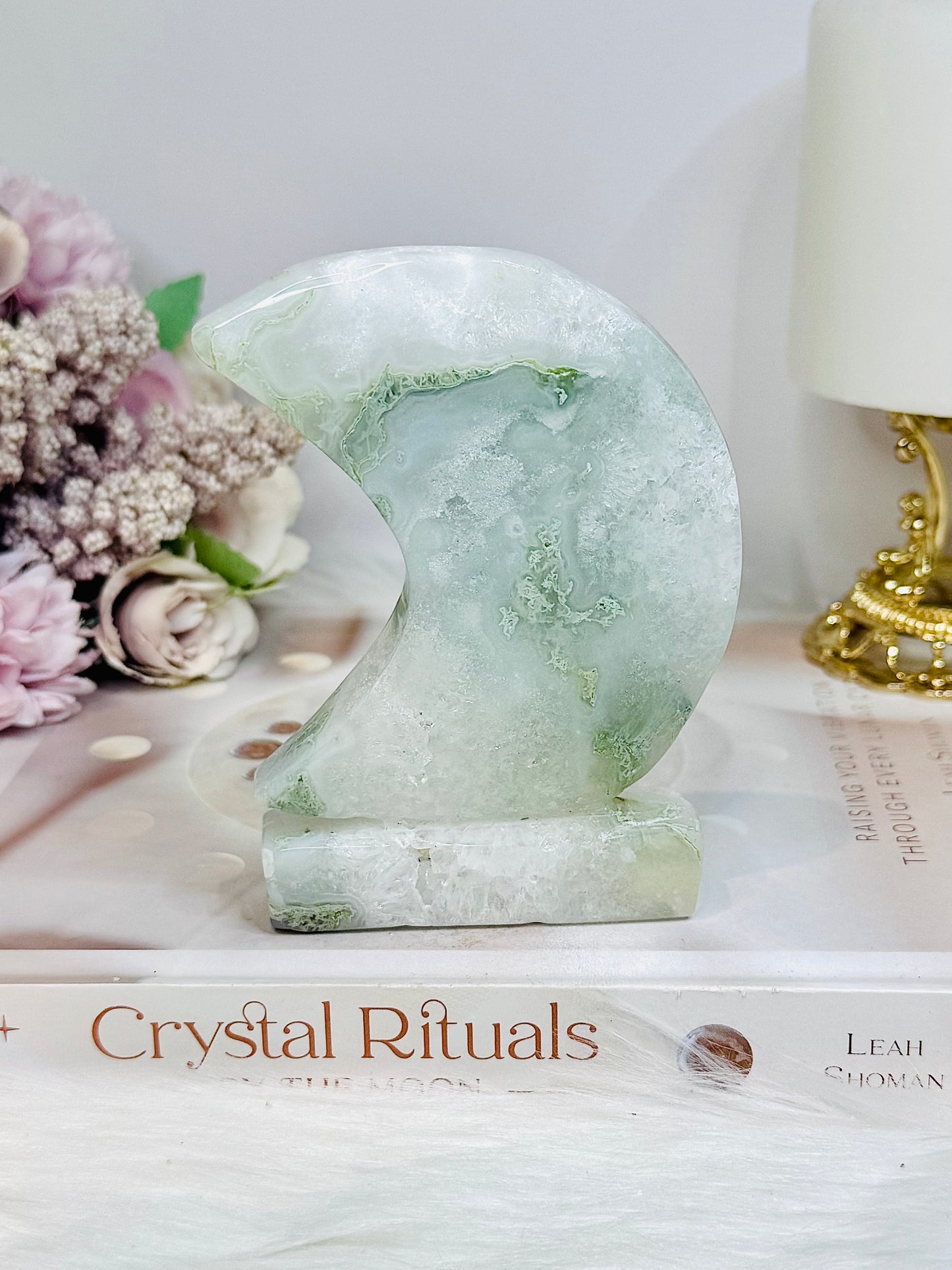 Moss Agate Druzy Moon On Stand 10cm 256g