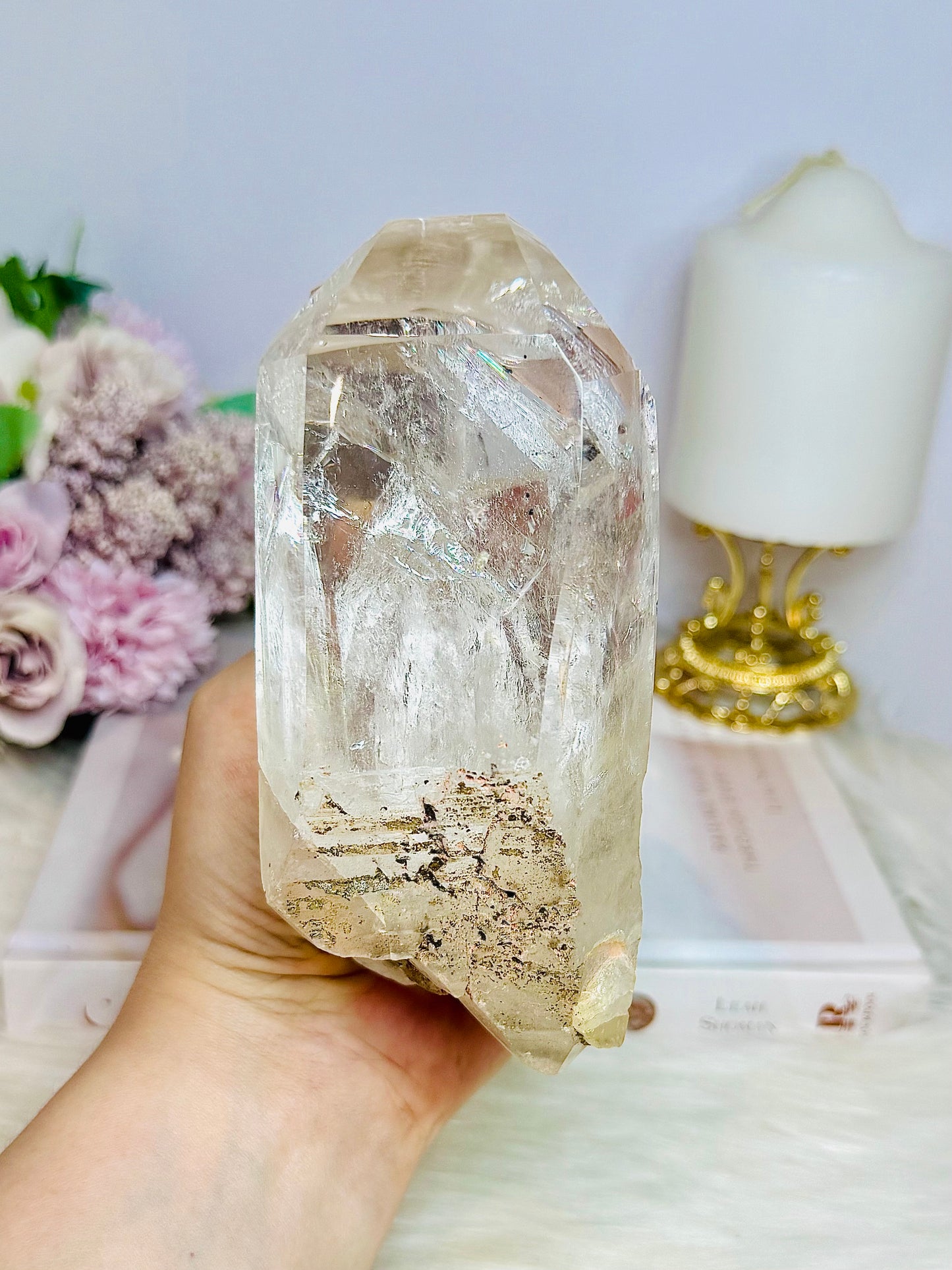 High Grade Clear Quartz Twin | Double Tower with Rainbows on Stand 18cm (on stand) 900g