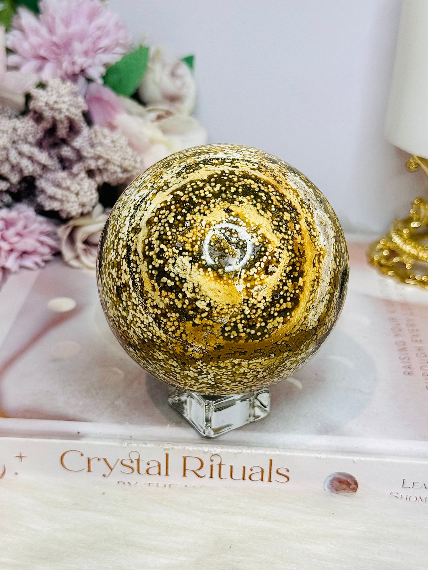 Large Orbicular Ocean Jasper Sphere On Stand 734g