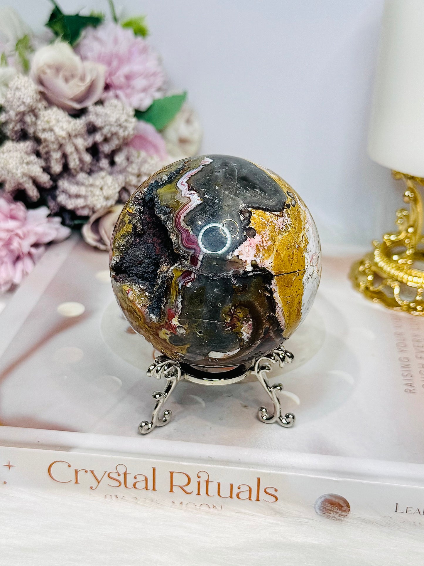 Large Mexican Crazy Lace Agate Druzy Sphere on Stand 449g
