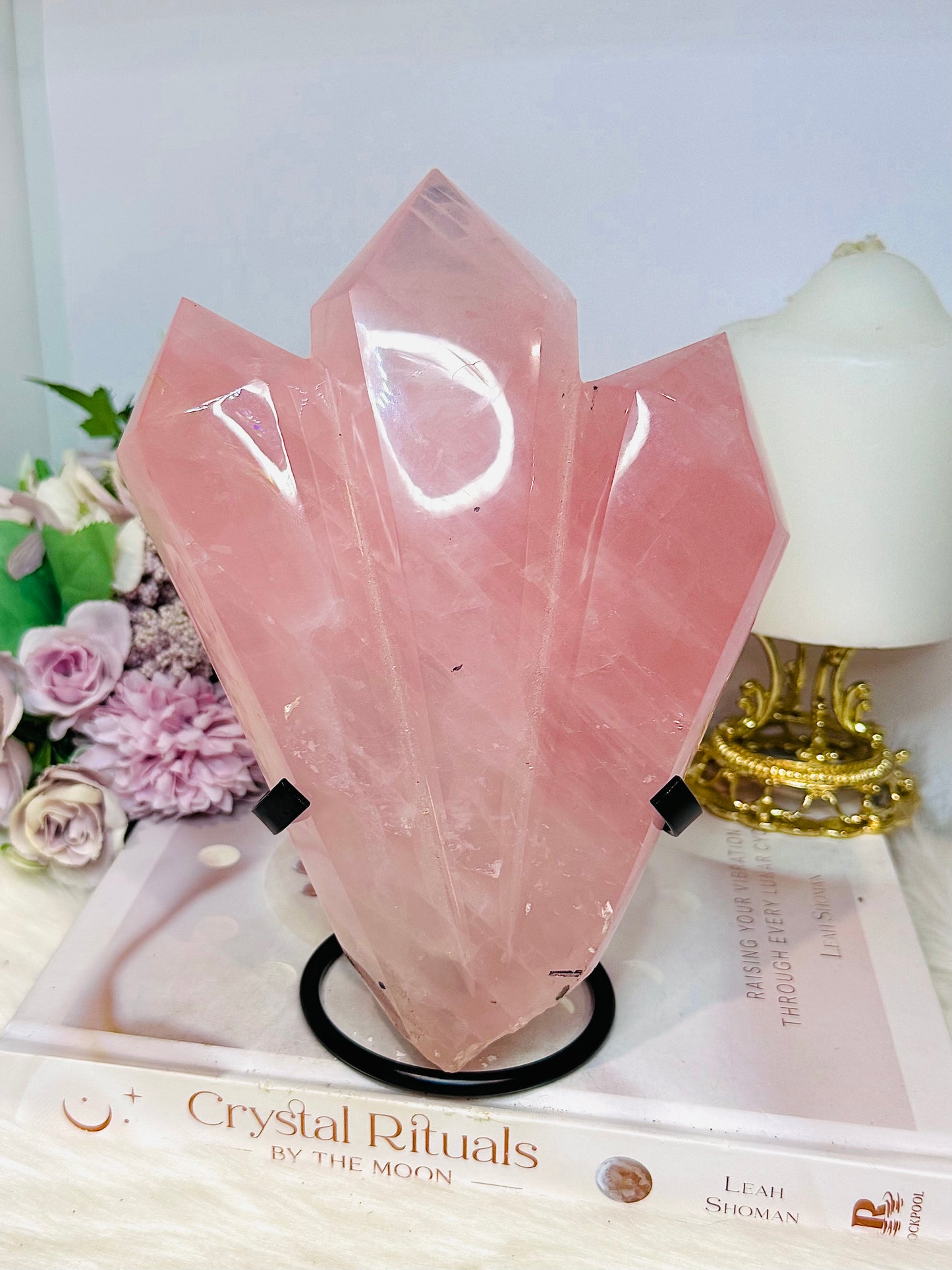 Huge High Grade Rose Quartz Carved Triple Tower on Stand 1.2KG 19cm