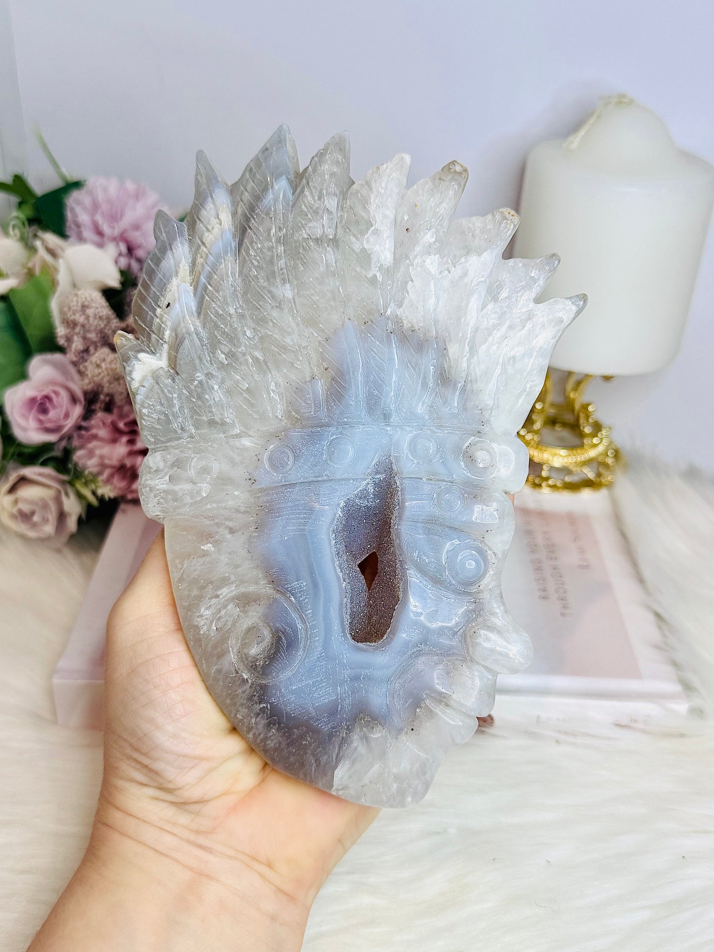 Large Druzy Agate Carved Indian Head On Stand 17cm