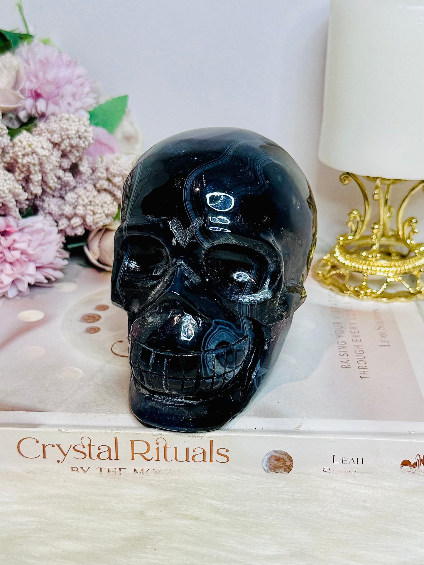 Huge Black Agate Carved Skull 11.5cm 1.24KG