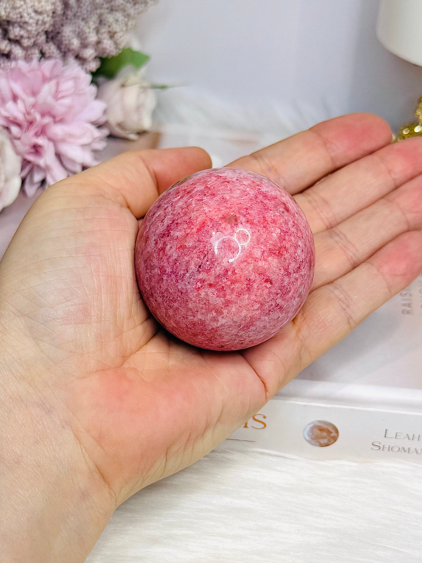Thulite Sphere with Epidote 201g On Stand