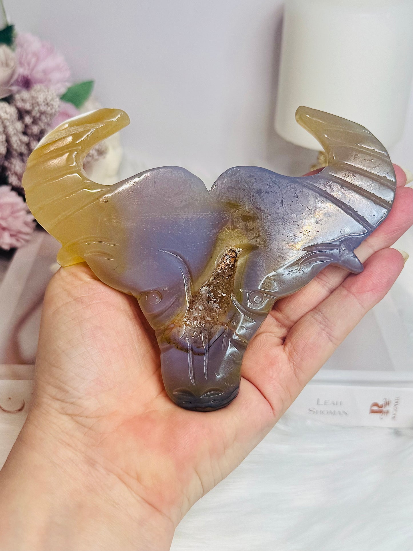 Druzy Agate Carved Bull Head On Stand 13.5cm